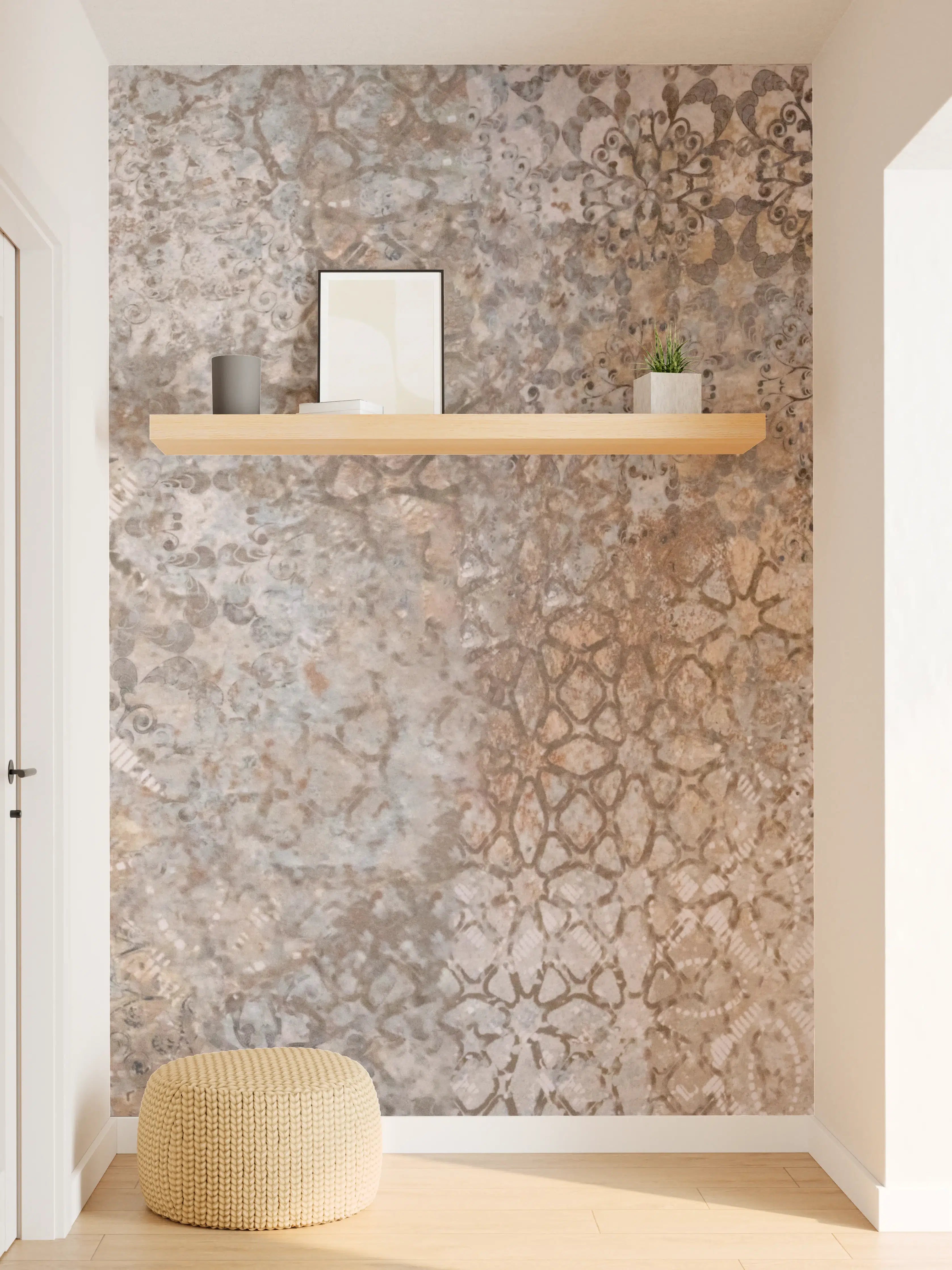 Wandverkleidung Flur - Beige Vintage Blumenmuster im Tapeten-Stil