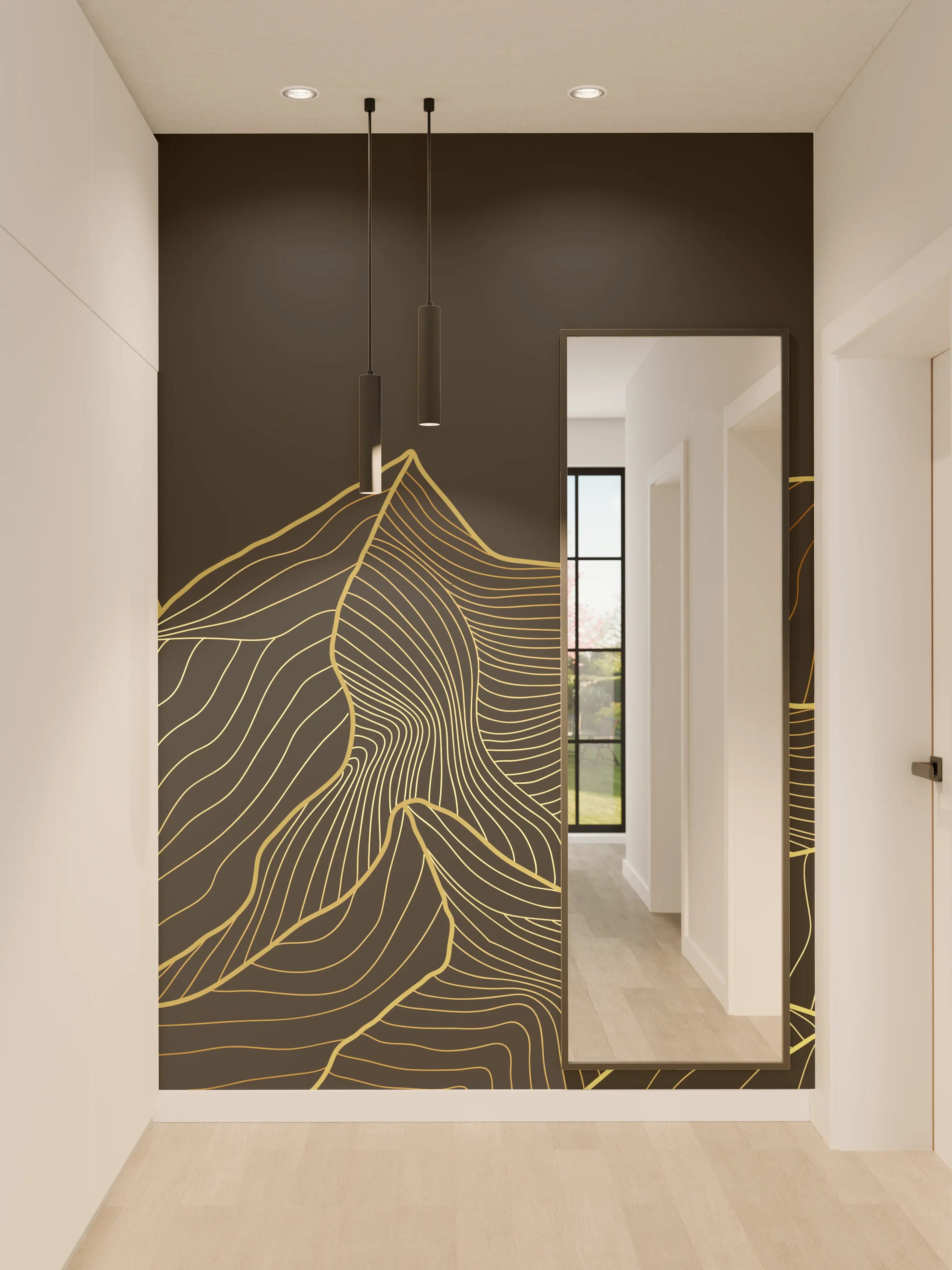 Wandverkleidung Flur - Berglinien Gold Schwarz