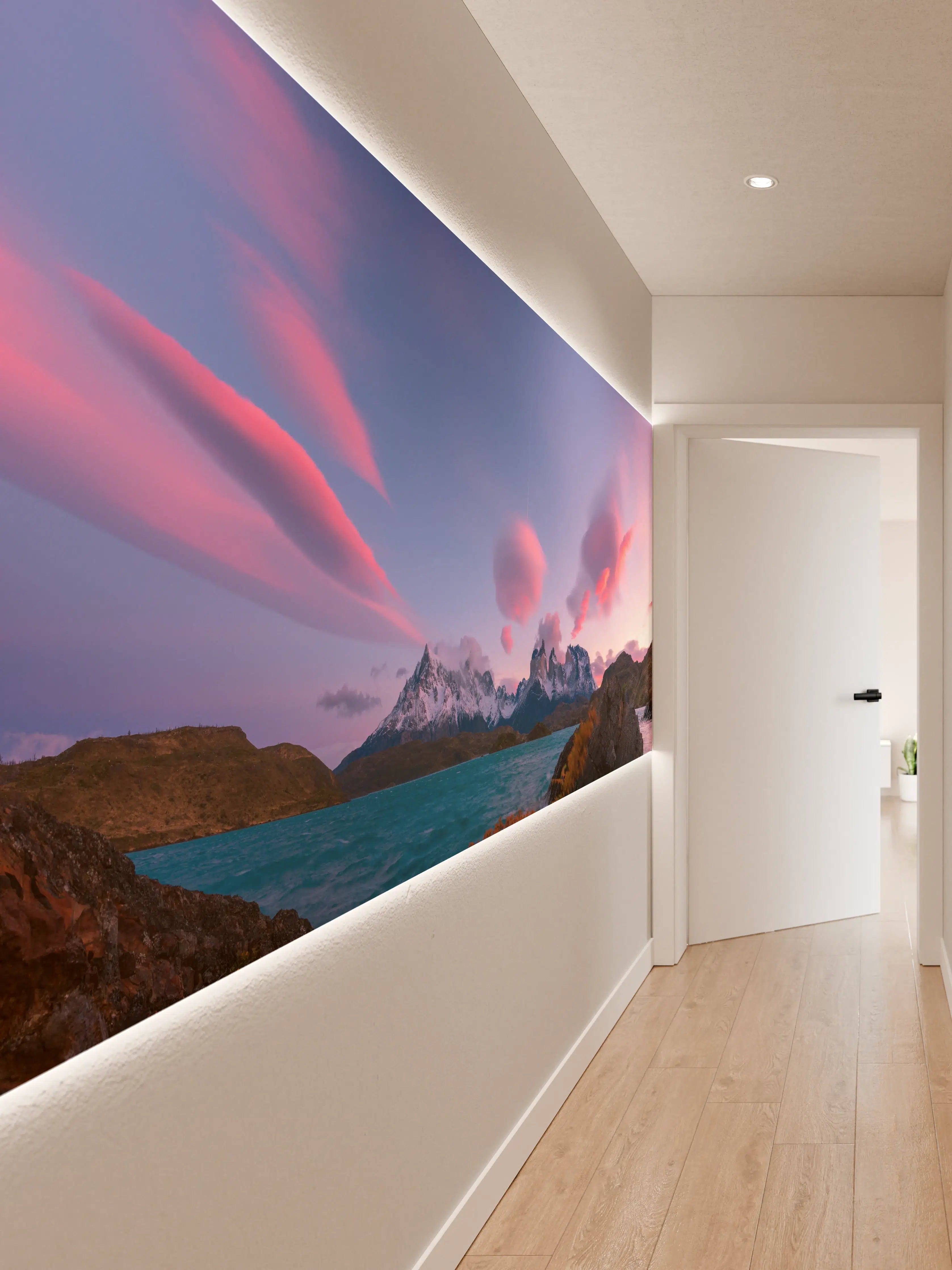 Wandverkleidung Flur - Bergpanorama im rosa Sonnenuntergang