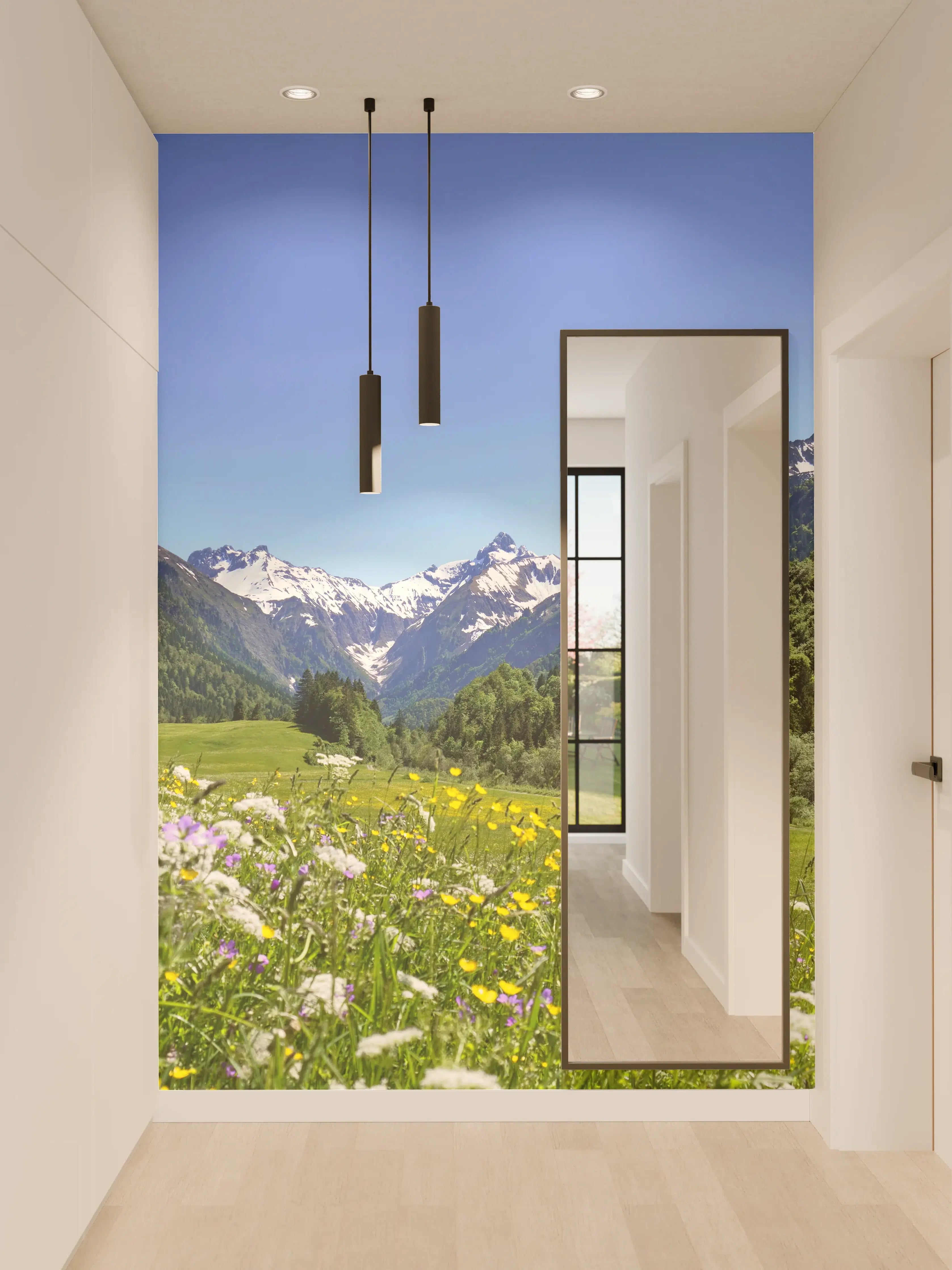 Wandverkleidung Flur - Bergpanorama mit Blumenwiese unter klarem Himmel
