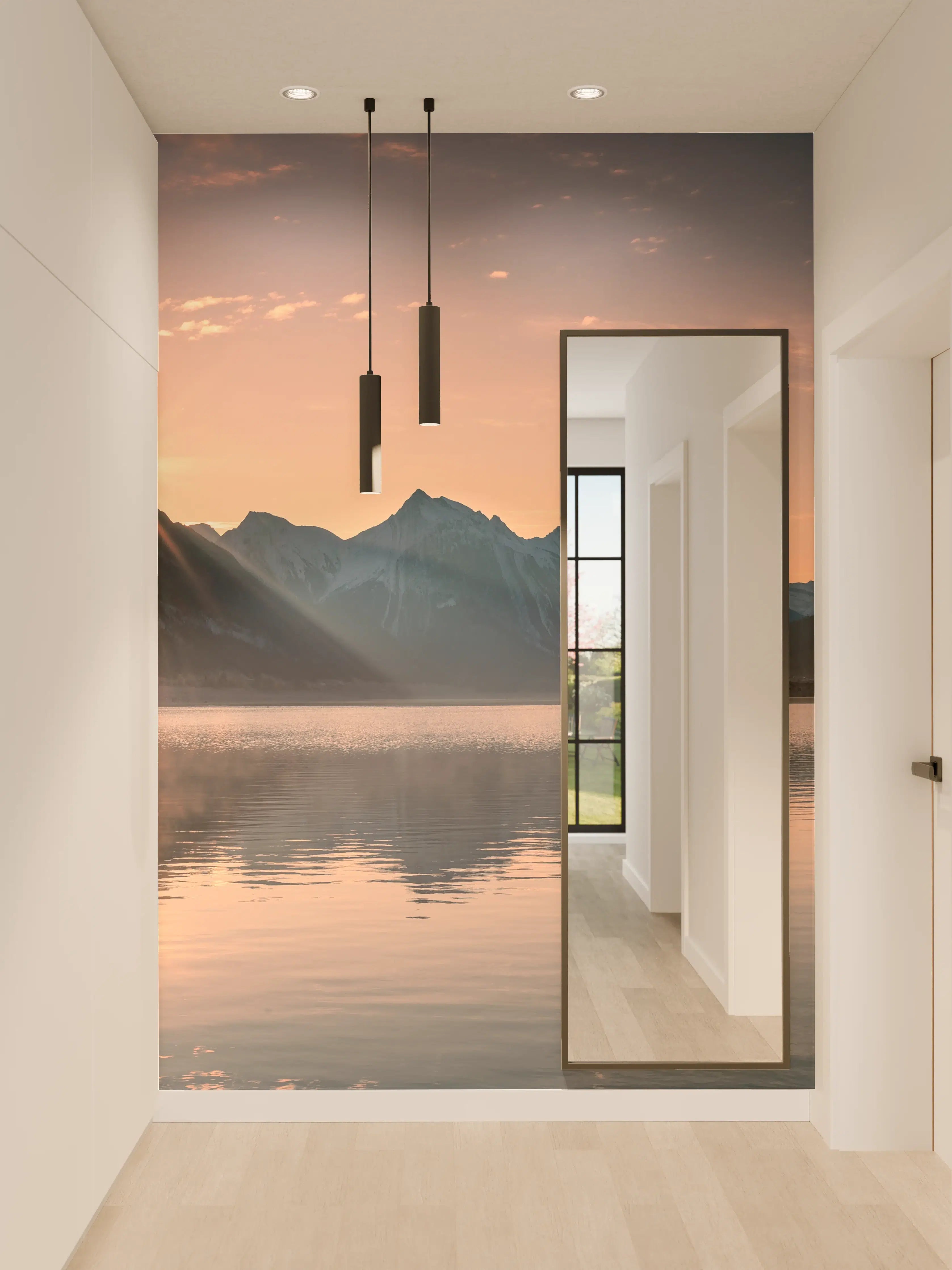 Wandverkleidung Flur - Bergsee bei Sonnenaufgang mit majestätischen Gipfeln