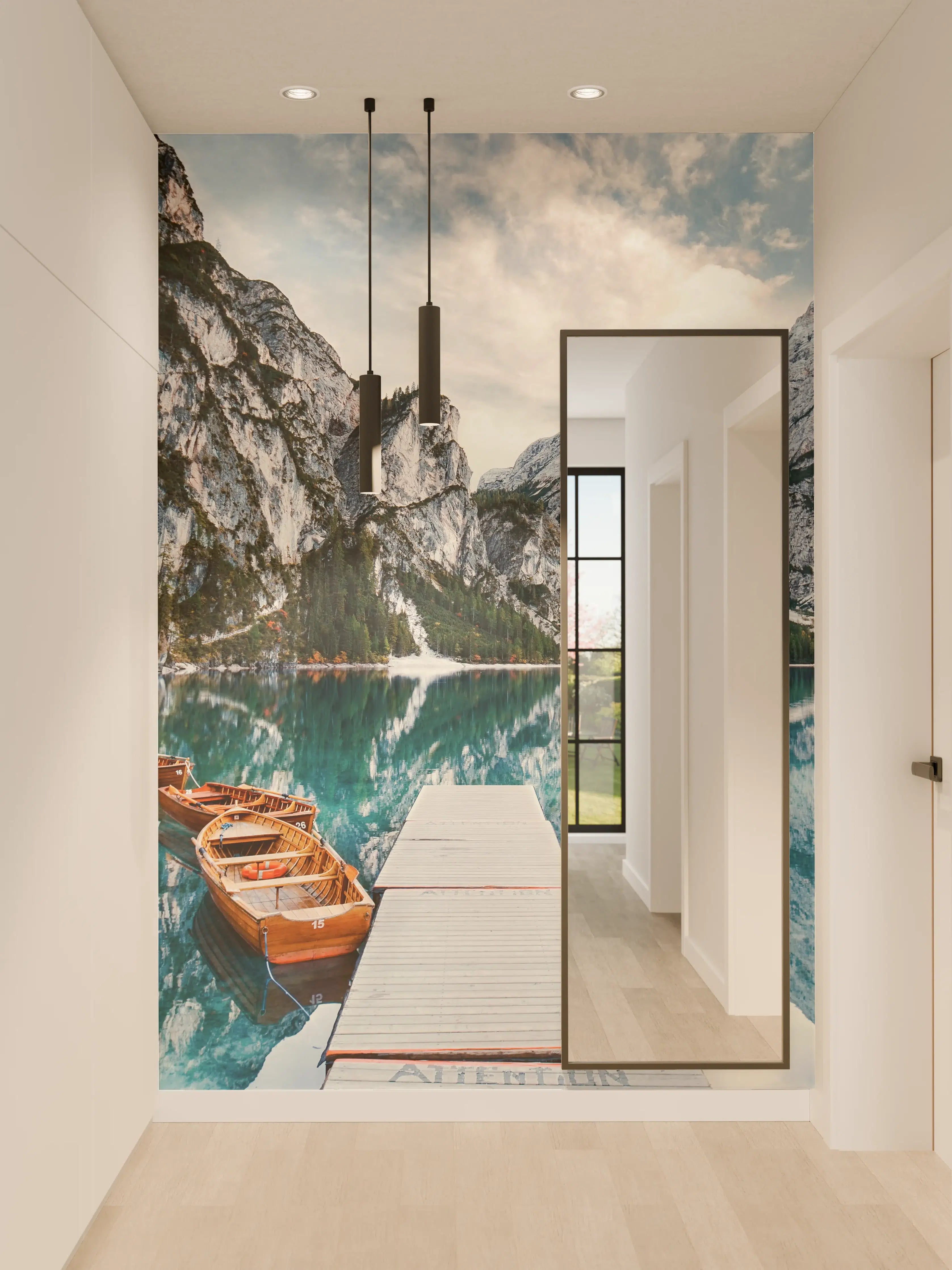 Wandverkleidung Flur - Bergsee mit Booten und Holzsteg
