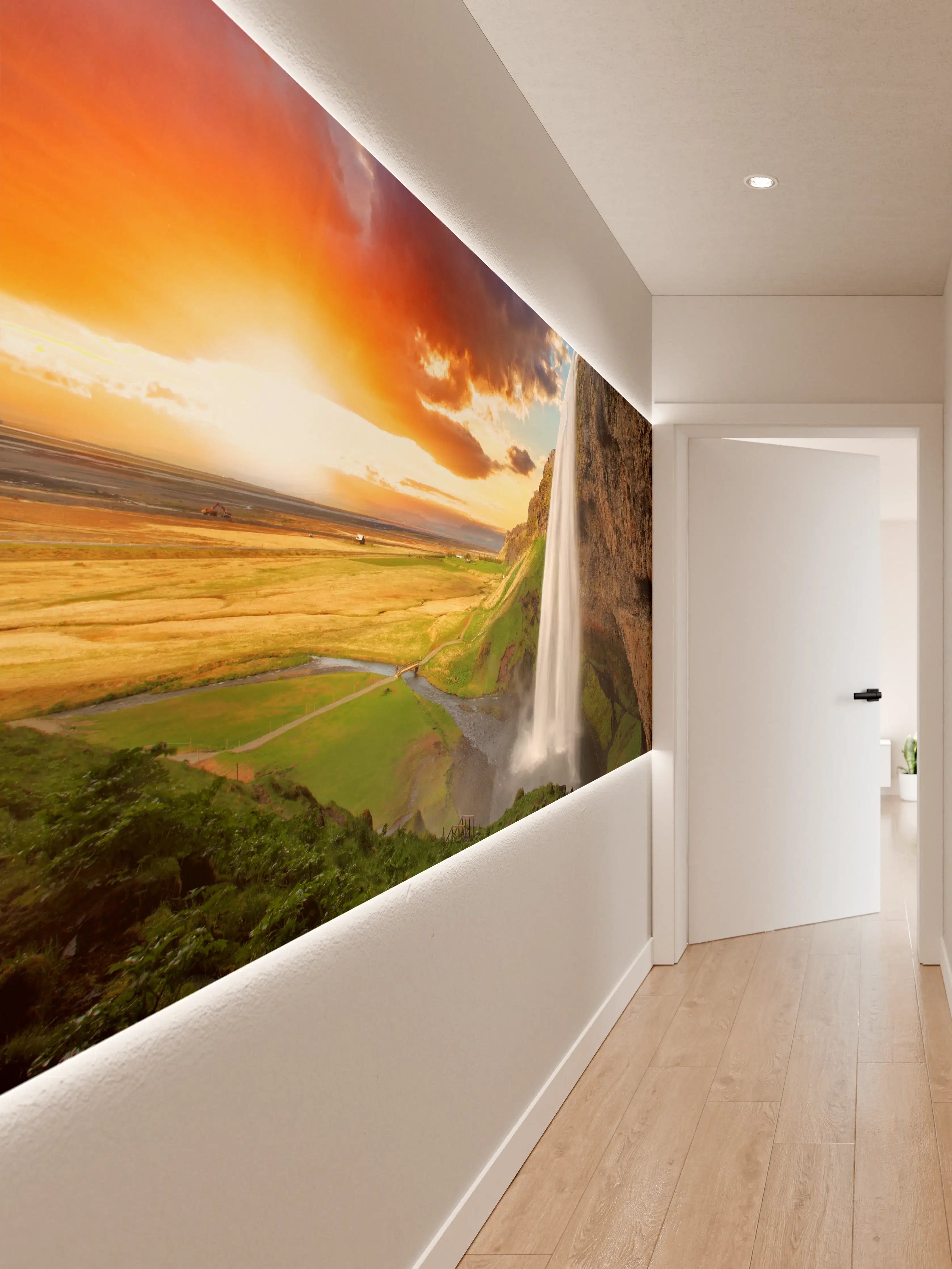 Wandverkleidung Flur - Bergwasserfall bei Sonnenuntergang