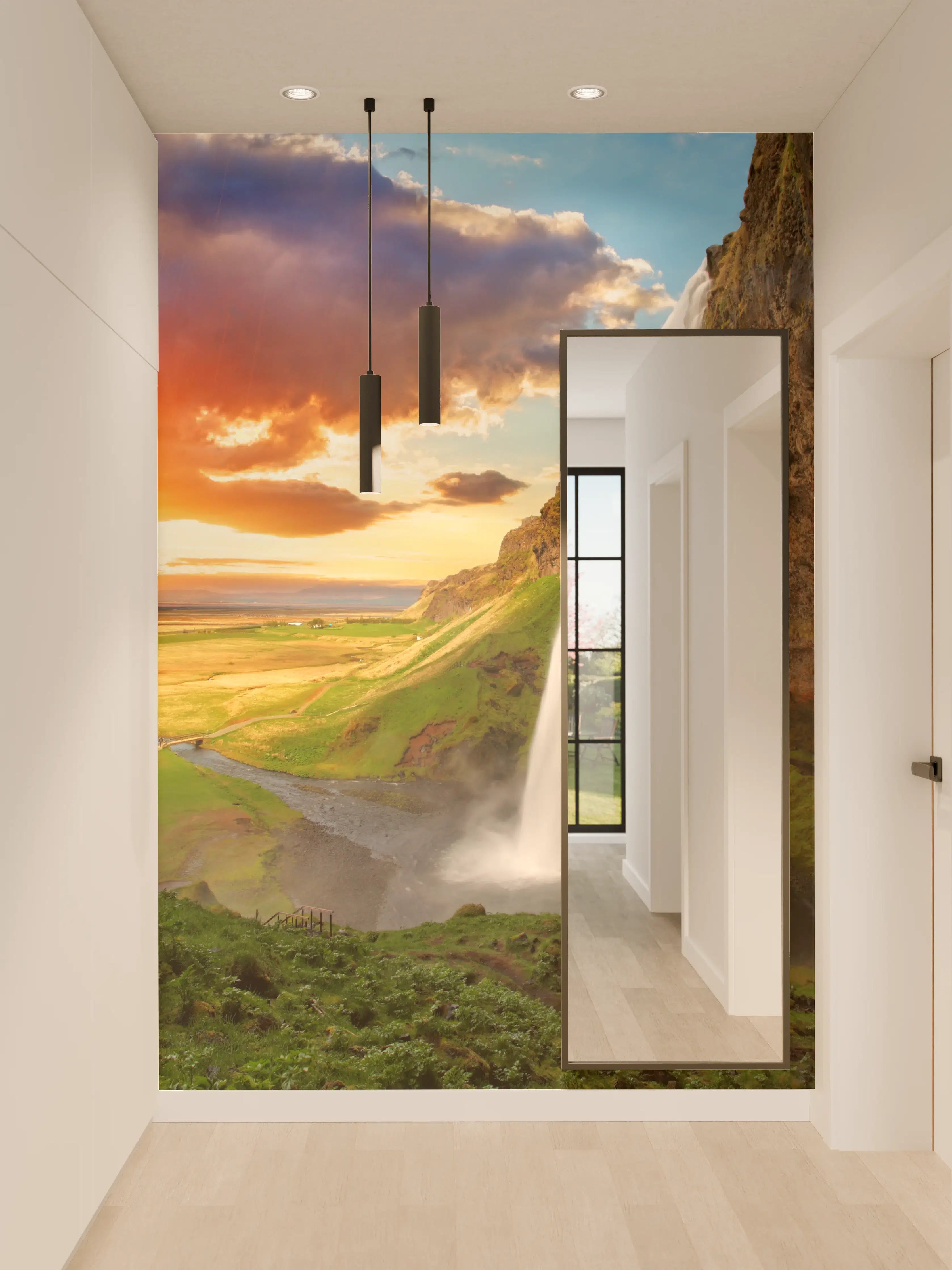 Wandverkleidung Flur - Bergwasserfall bei Sonnenuntergang