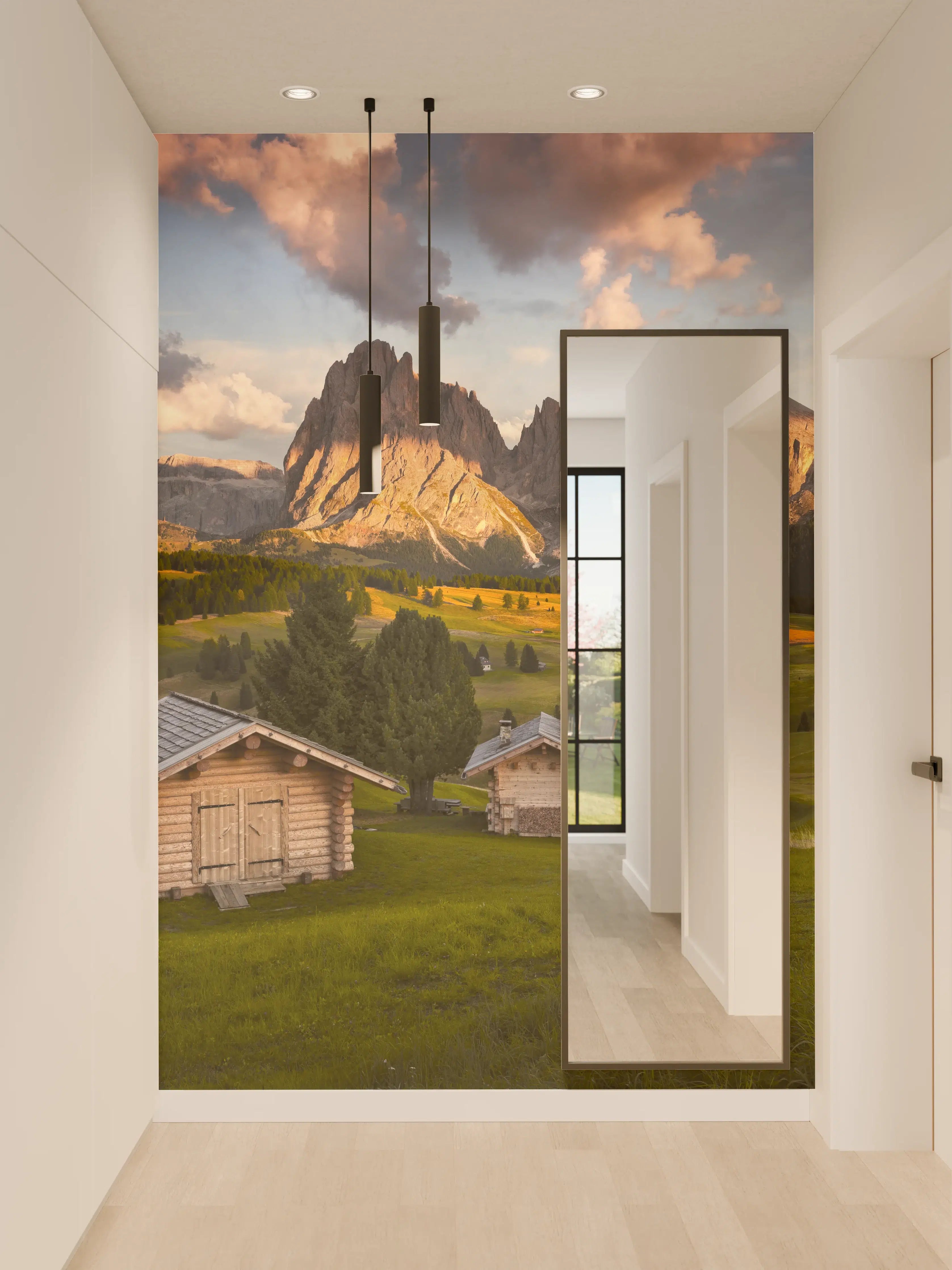 Wandverkleidung Flur - Bergwelten mit Heuhütten bei Sonnenuntergang