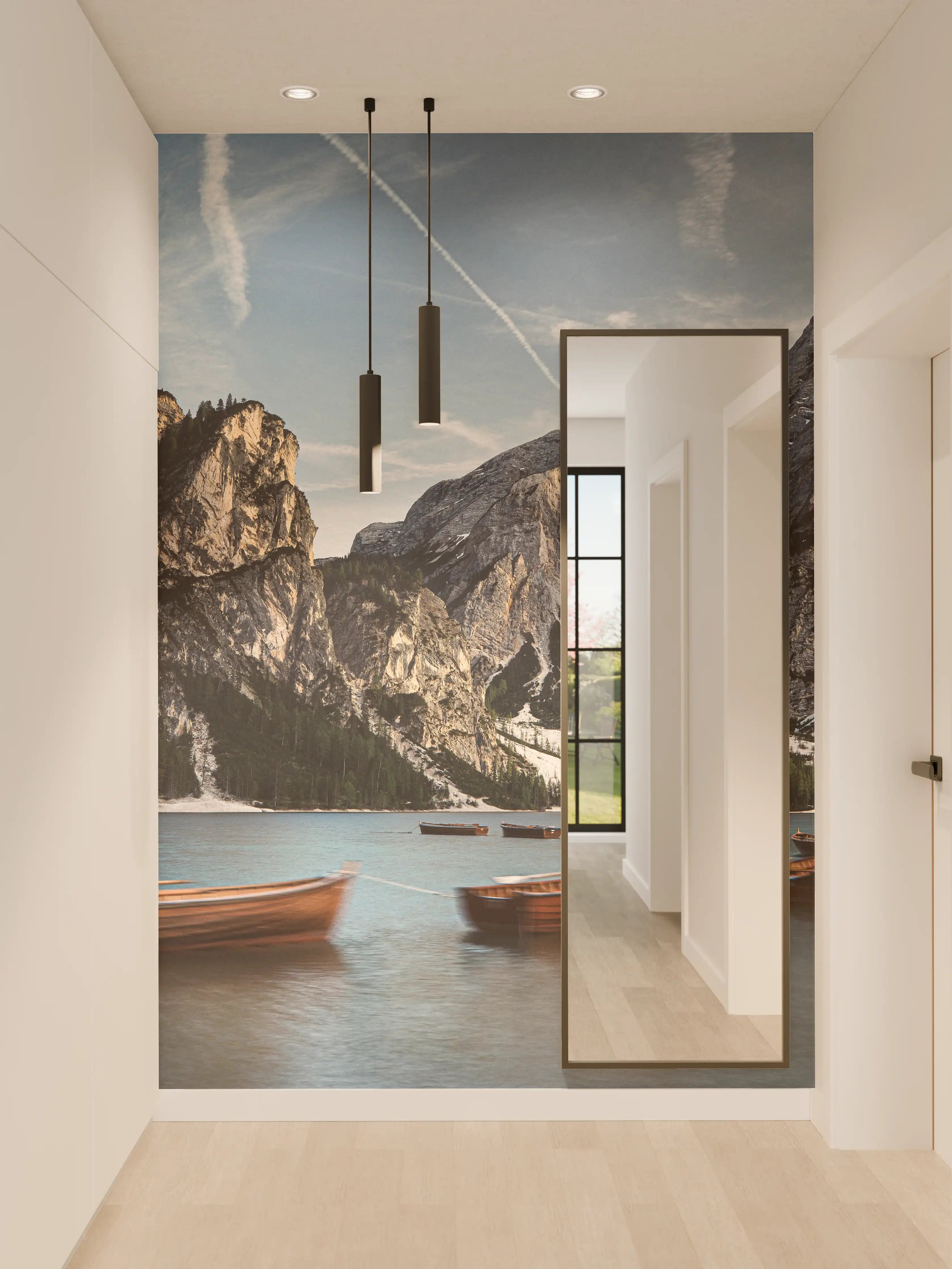 Wandverkleidung Flur - Beruhigender Bergsee mit Booten
