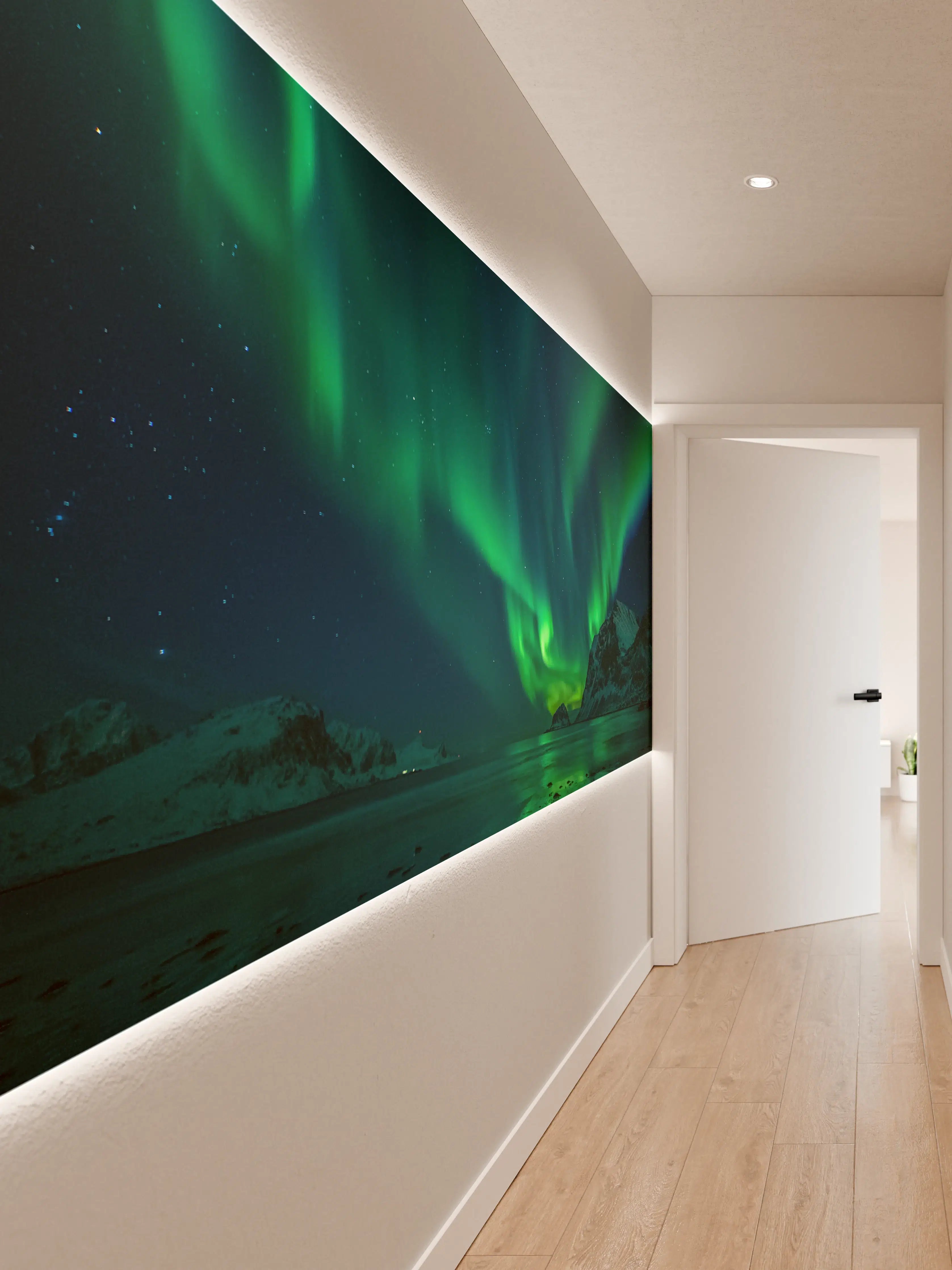 Wandverkleidung Flur - Bewegende Nordlichter über eisiger Landschaft