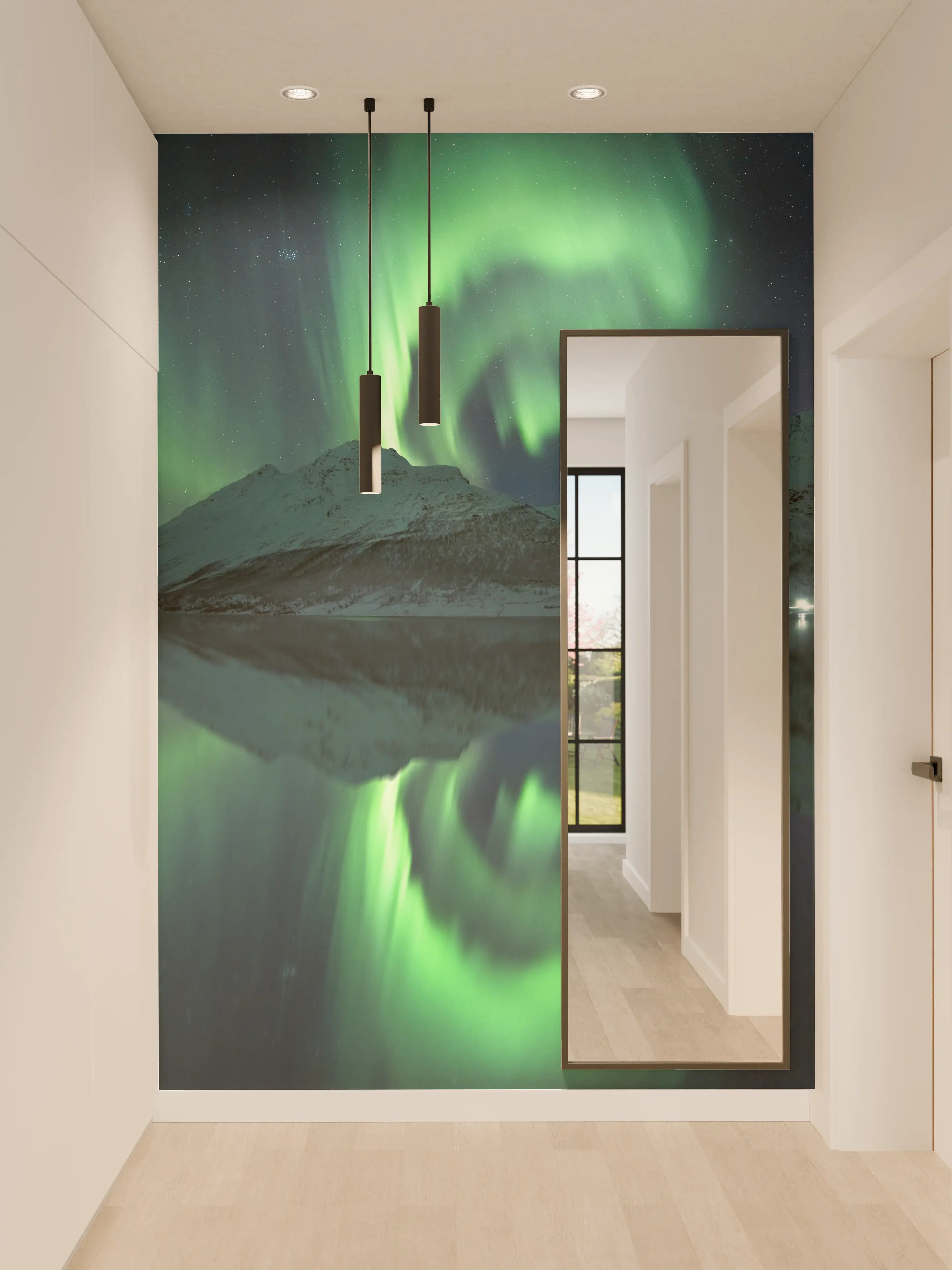 Wandverkleidung Flur - Bewegende Nordlichter über verschneiter Landschaft