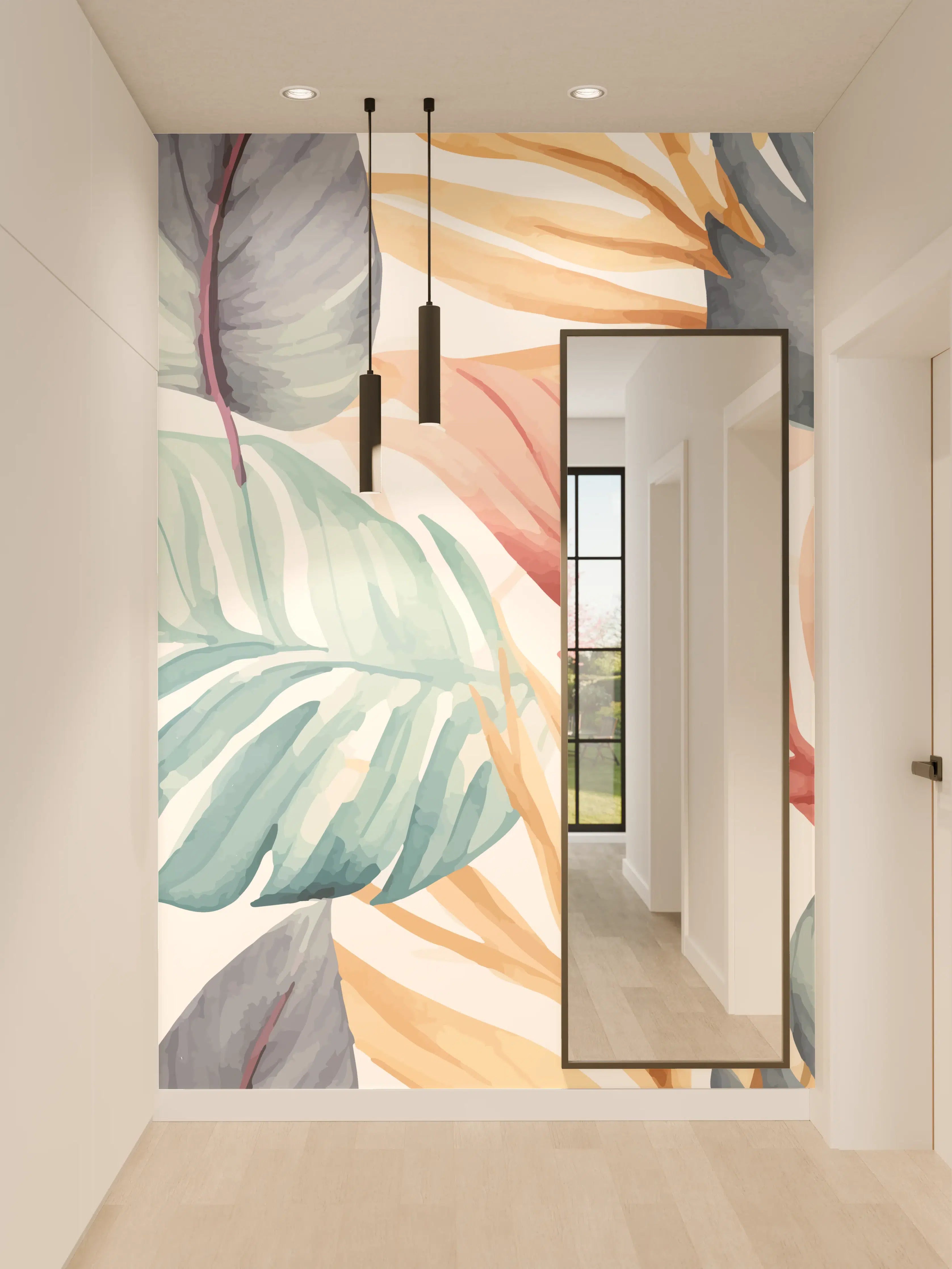 Wandverkleidung Flur - Blätter im Wasserfarben-Stil