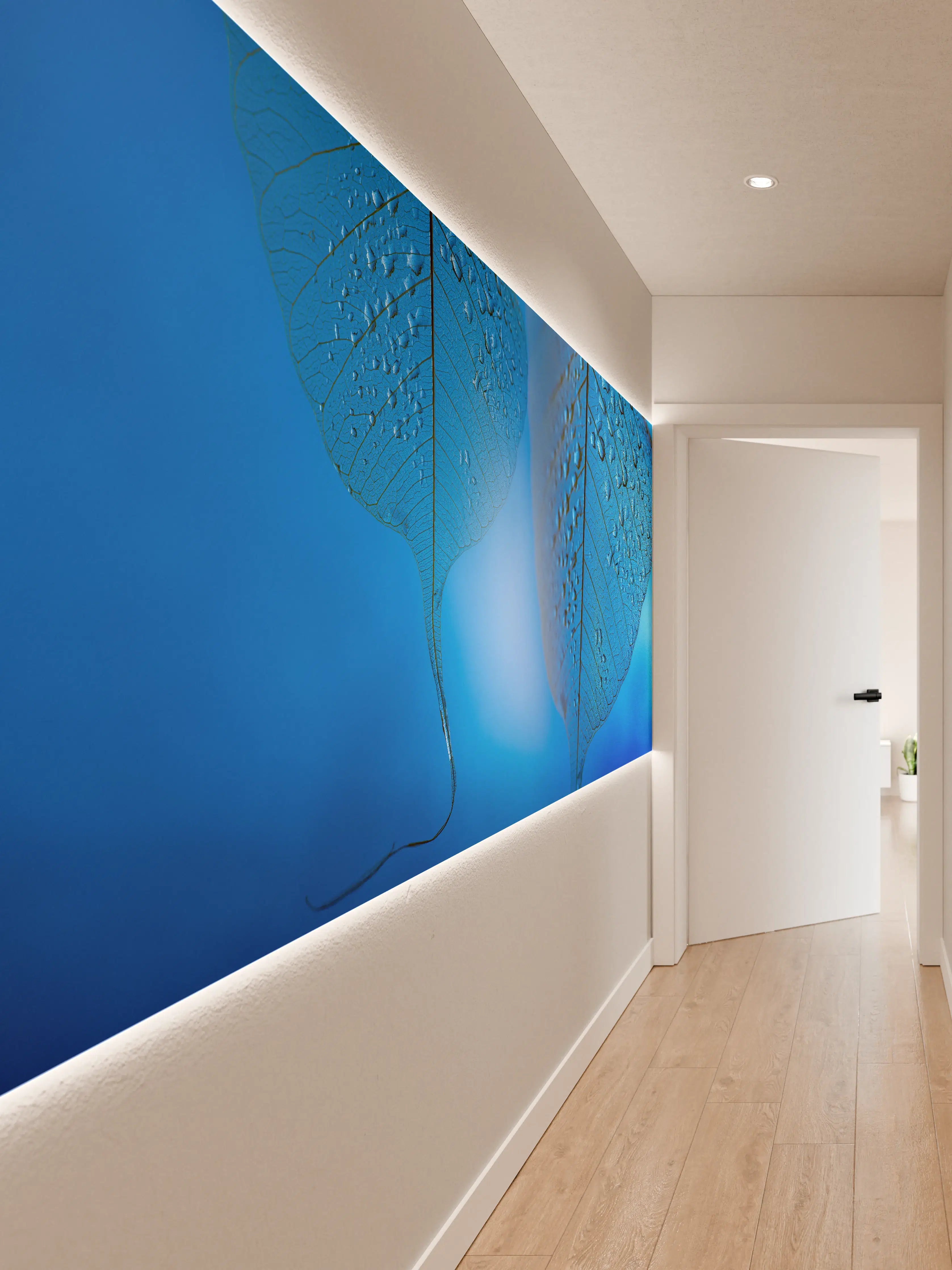 Wandverkleidung Flur - Blätter mit Tautropfen in Blau
