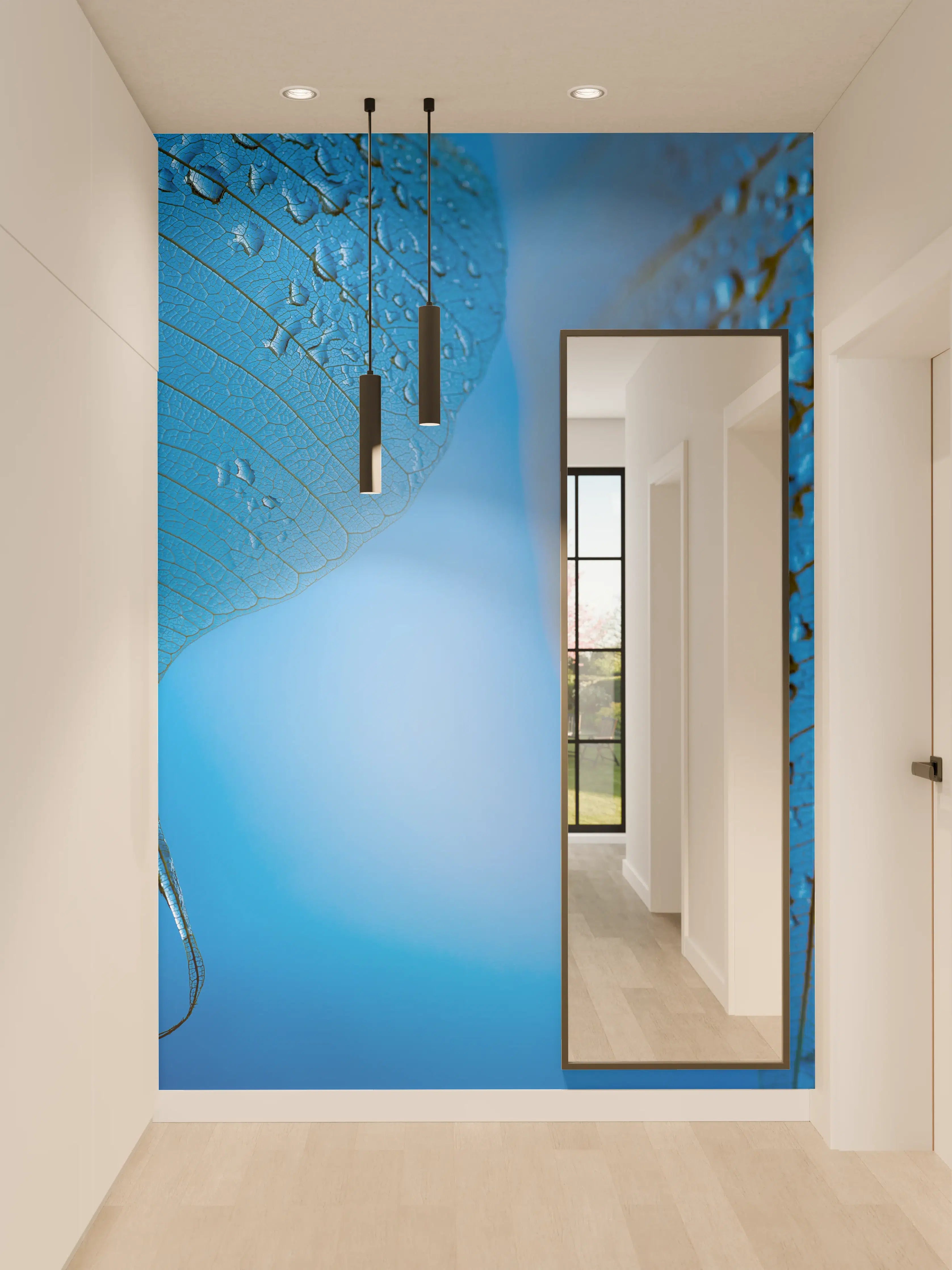 Wandverkleidung Flur - Blätter mit Tautropfen in Blau