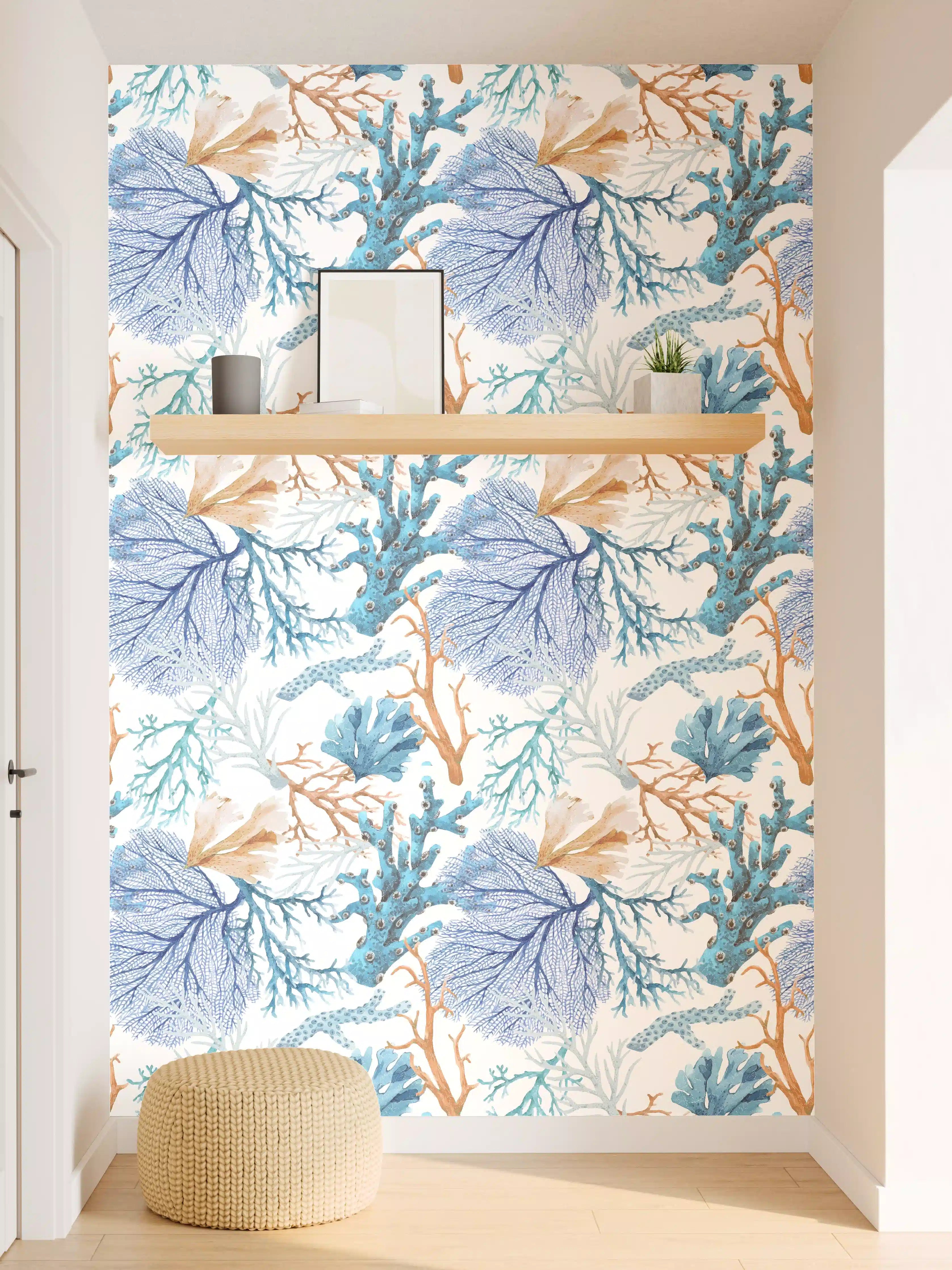 Wandverkleidung Flur - Blau-Beige Korallenmuster