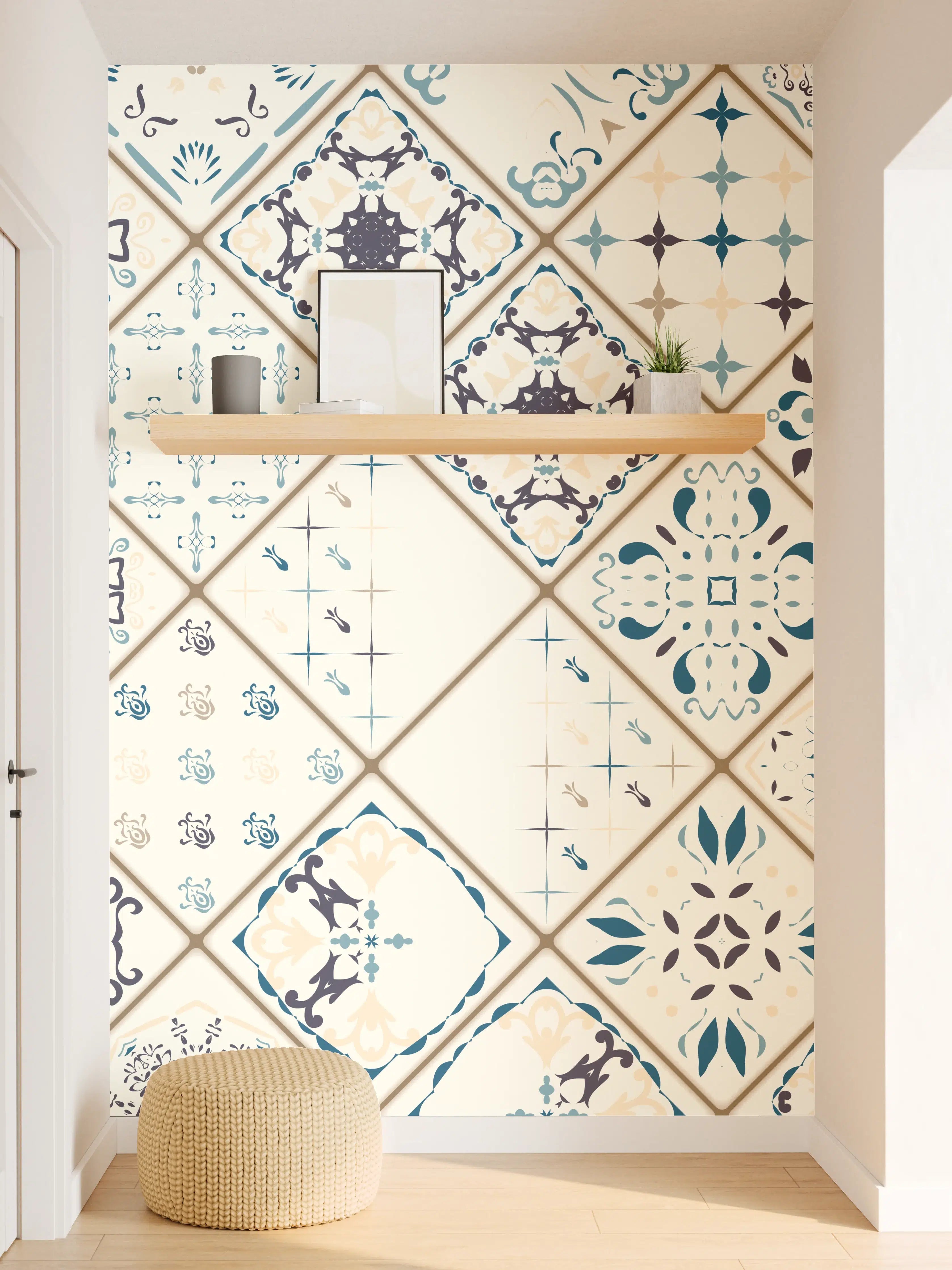 Wandverkleidung Flur - Blau-Beige Retro Fliesendesign