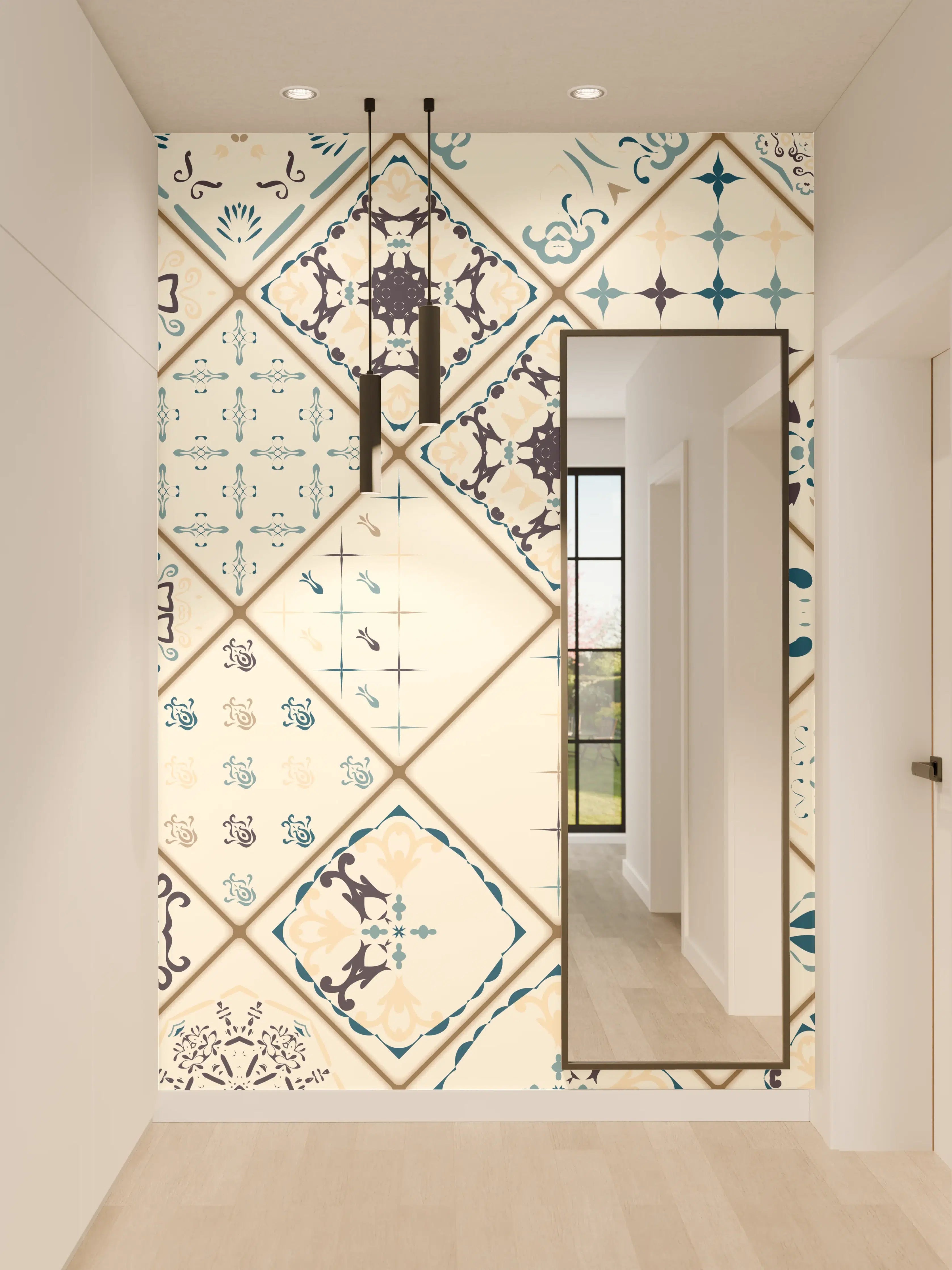 Wandverkleidung Flur - Blau-Beige Retro Fliesendesign