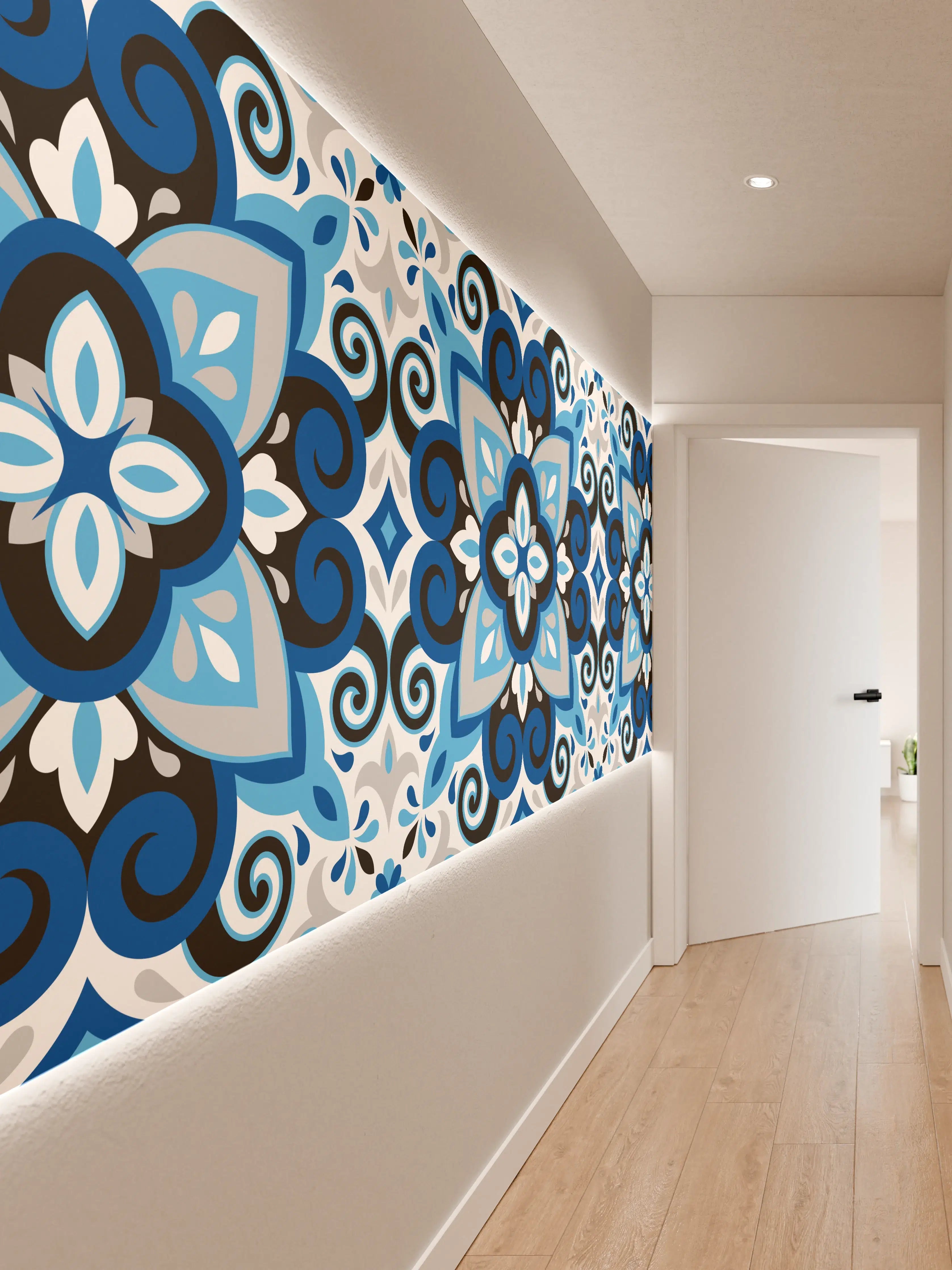 Wandverkleidung Flur - Blau-Weißes Mandala Fliesenmuster