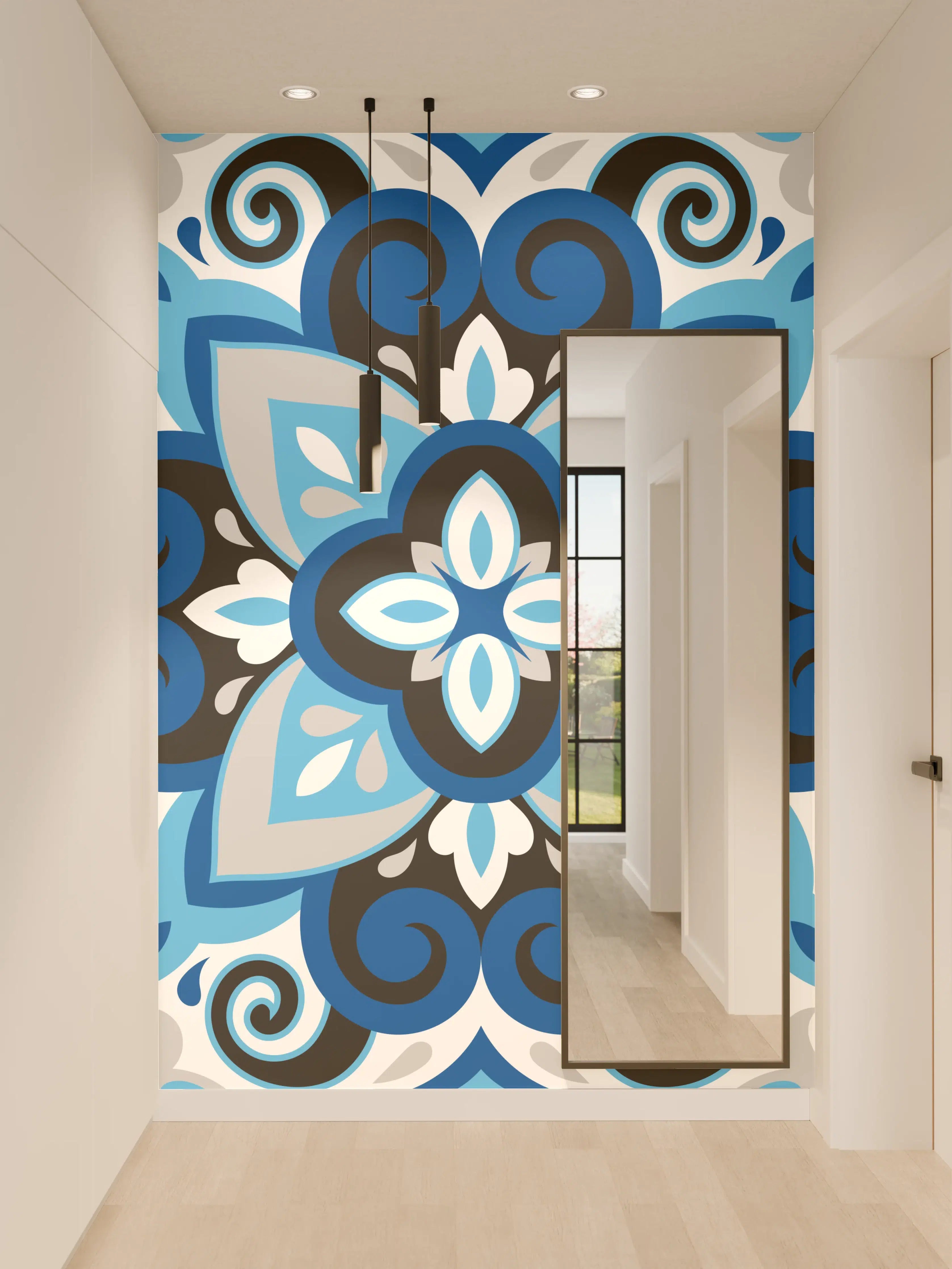 Wandverkleidung Flur - Blau-weißes Musterdesign mit subtilen Grautönen