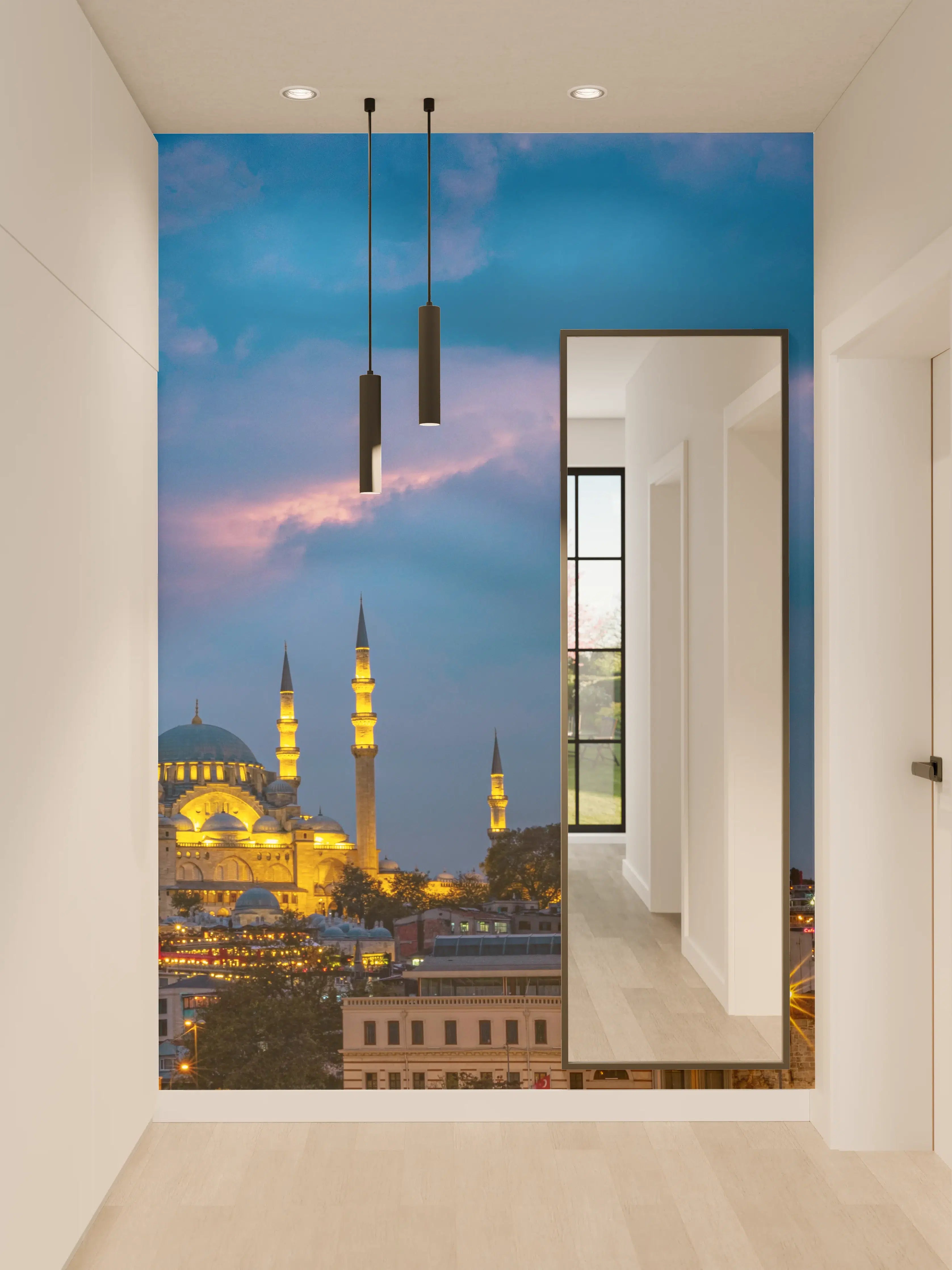 Wandverkleidung Flur - Blaue Moschee bei Sonnenuntergang mit Wolken