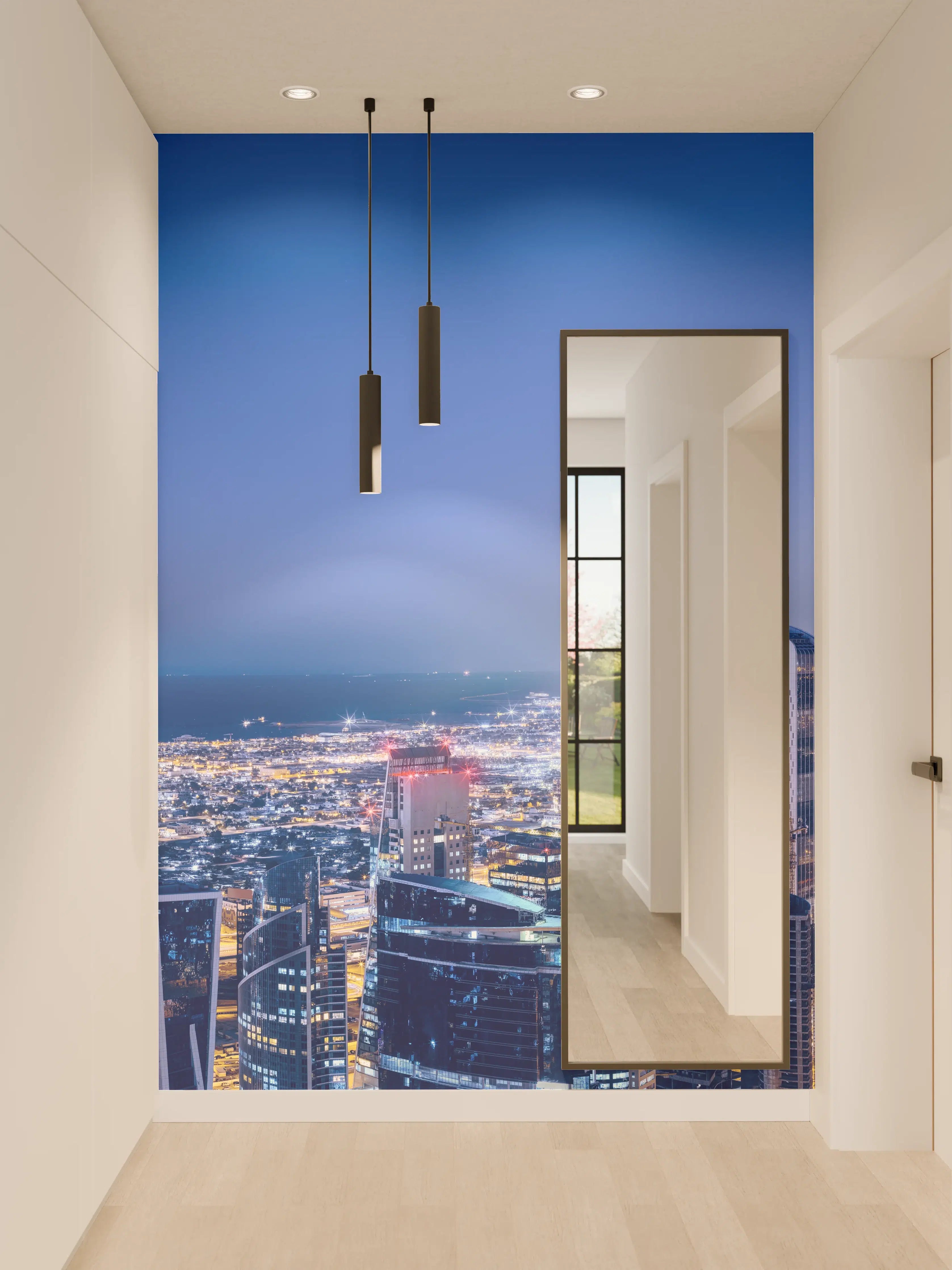 Wandverkleidung Flur - Blaue Skyline bei Nacht