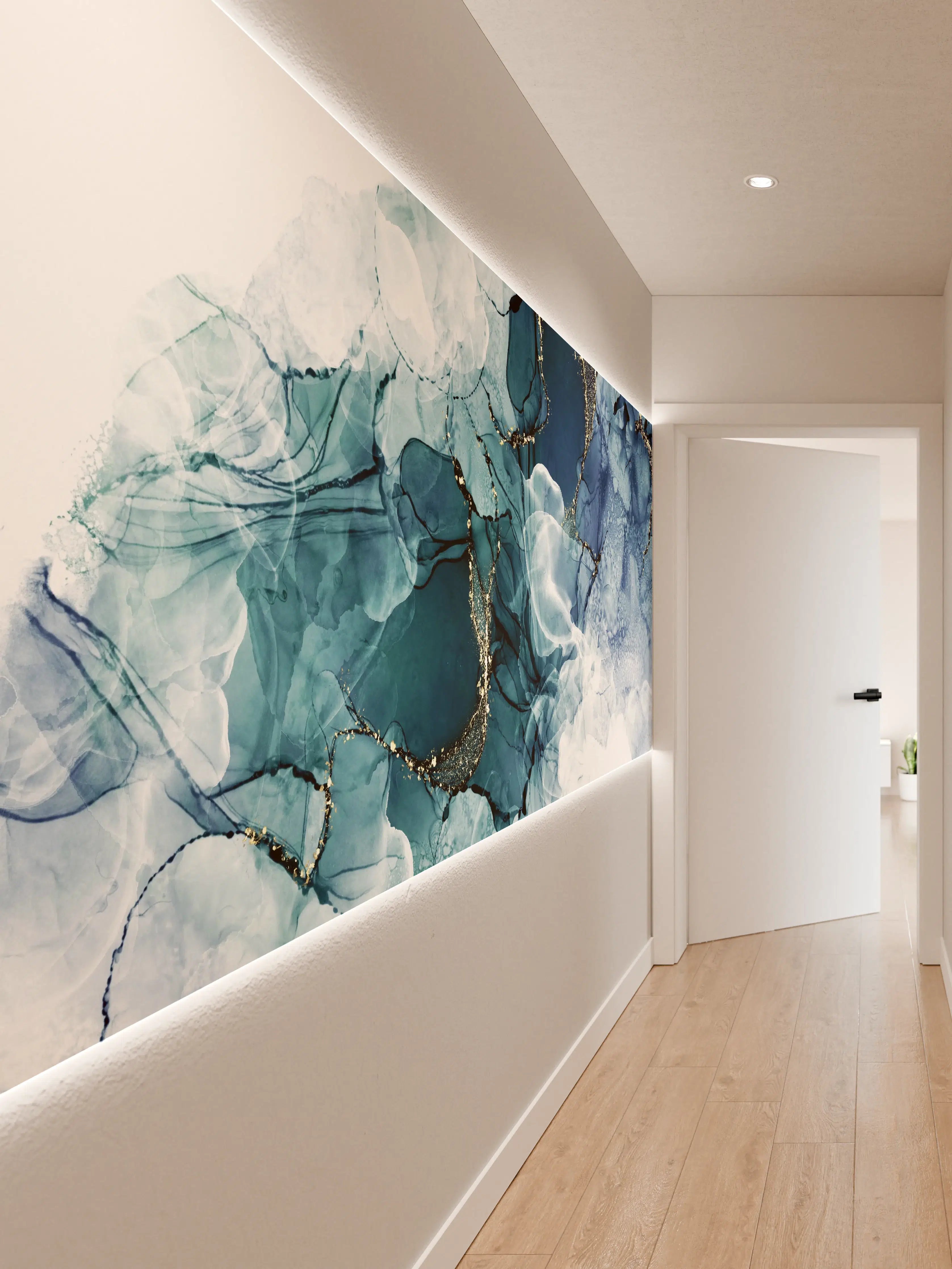 Wandverkleidung Flur - Blaues Aquarllbild mit Goldakzenten