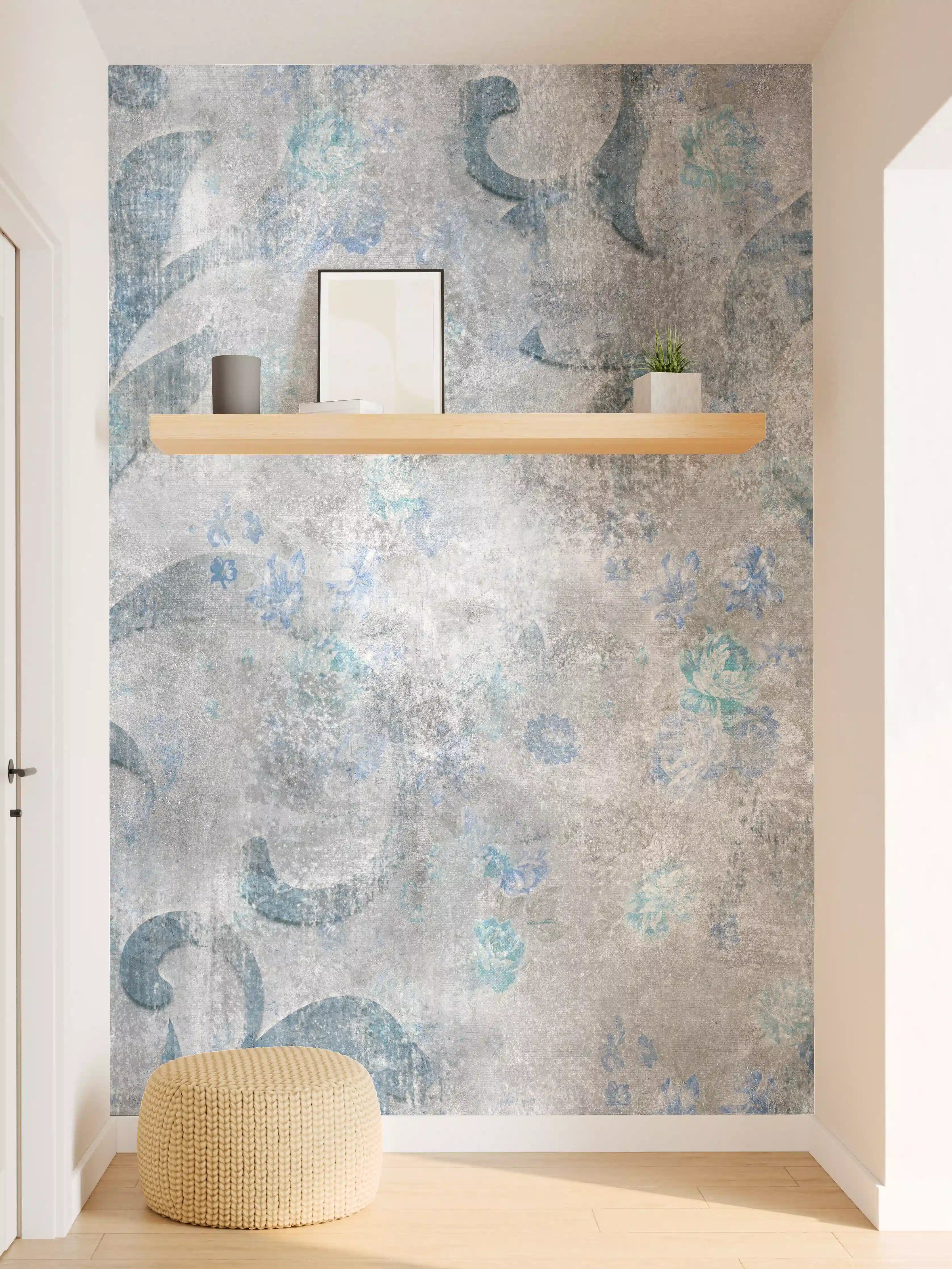 Wandverkleidung Flur - Blaues Blätter Muster - Zement