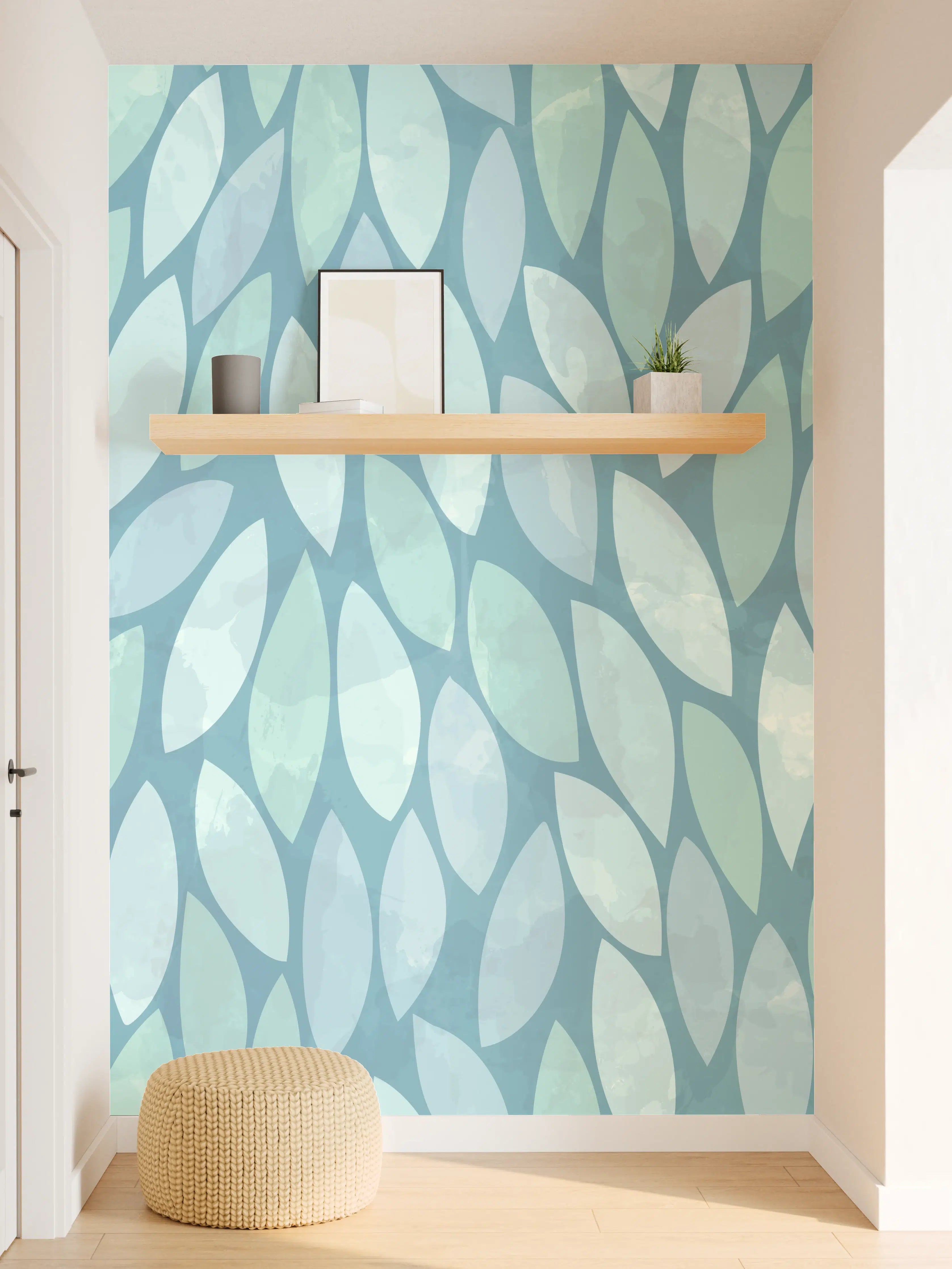 Wandverkleidung Flur - Blaues Blätter-Muster Wandgestaltung