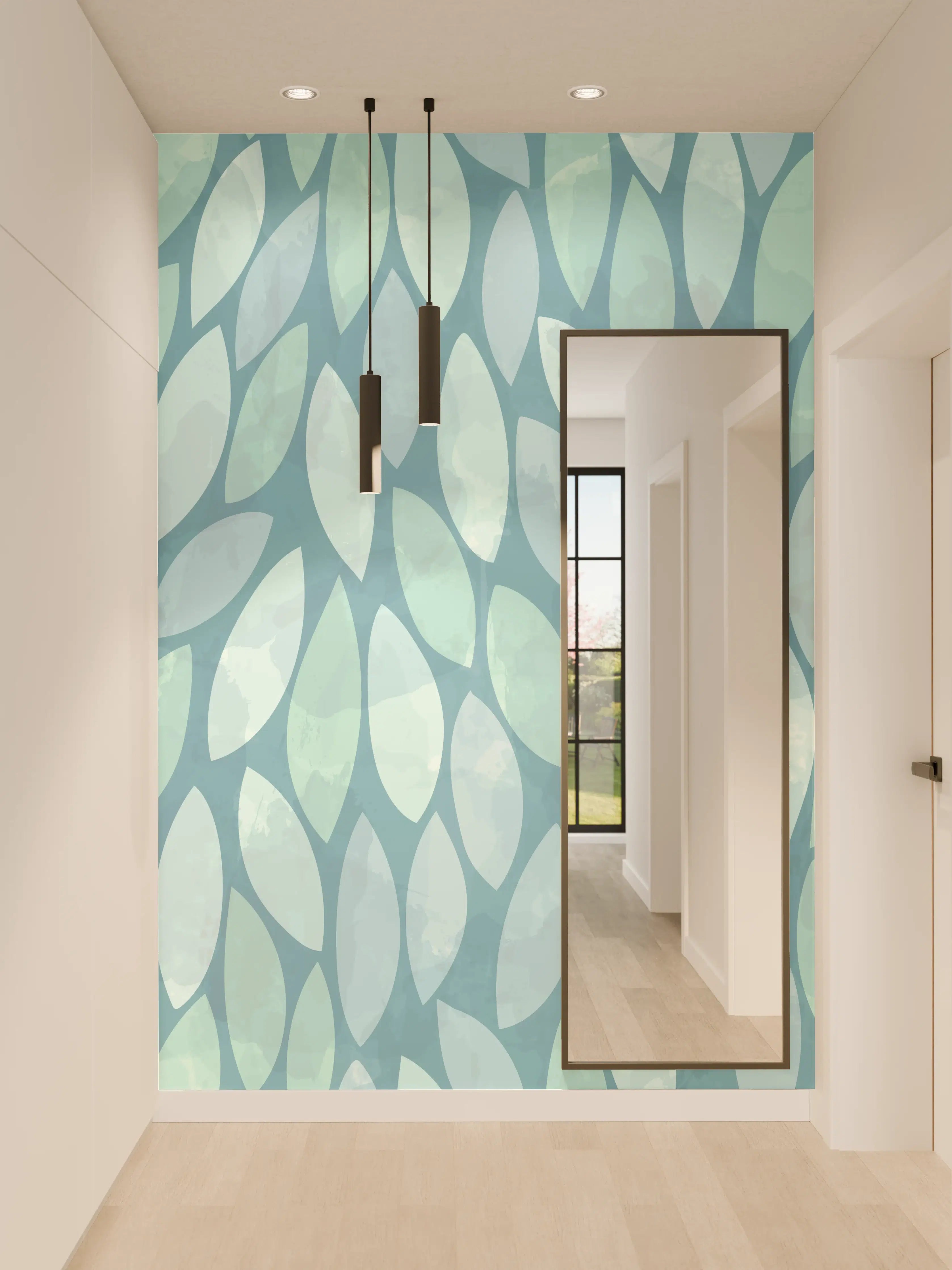 Wandverkleidung Flur - Blaues Blätter-Muster Wandgestaltung