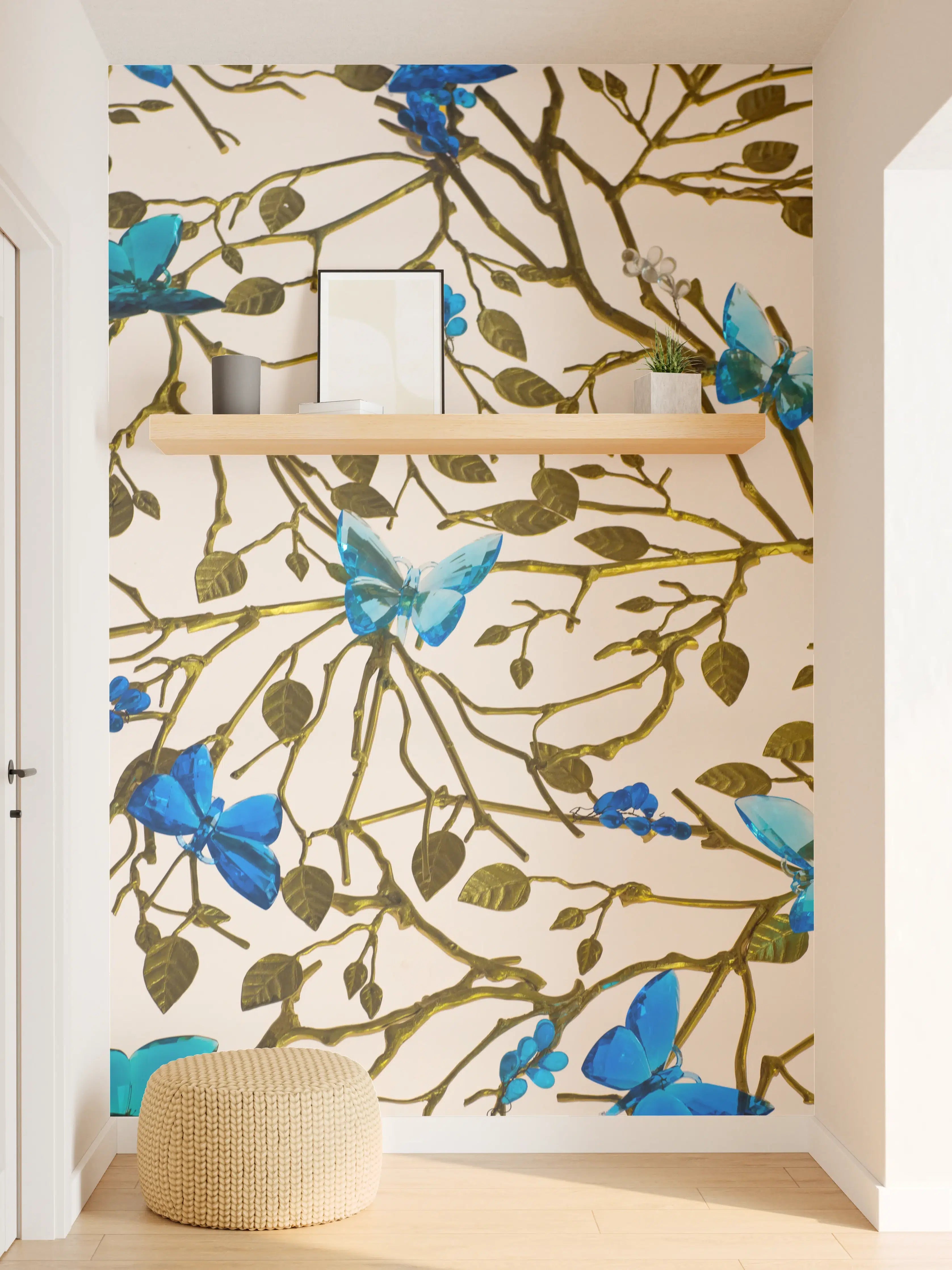 Wandverkleidung Flur - Blaues Schmetterlingsmuster auf cremefarbenem Hintergrund