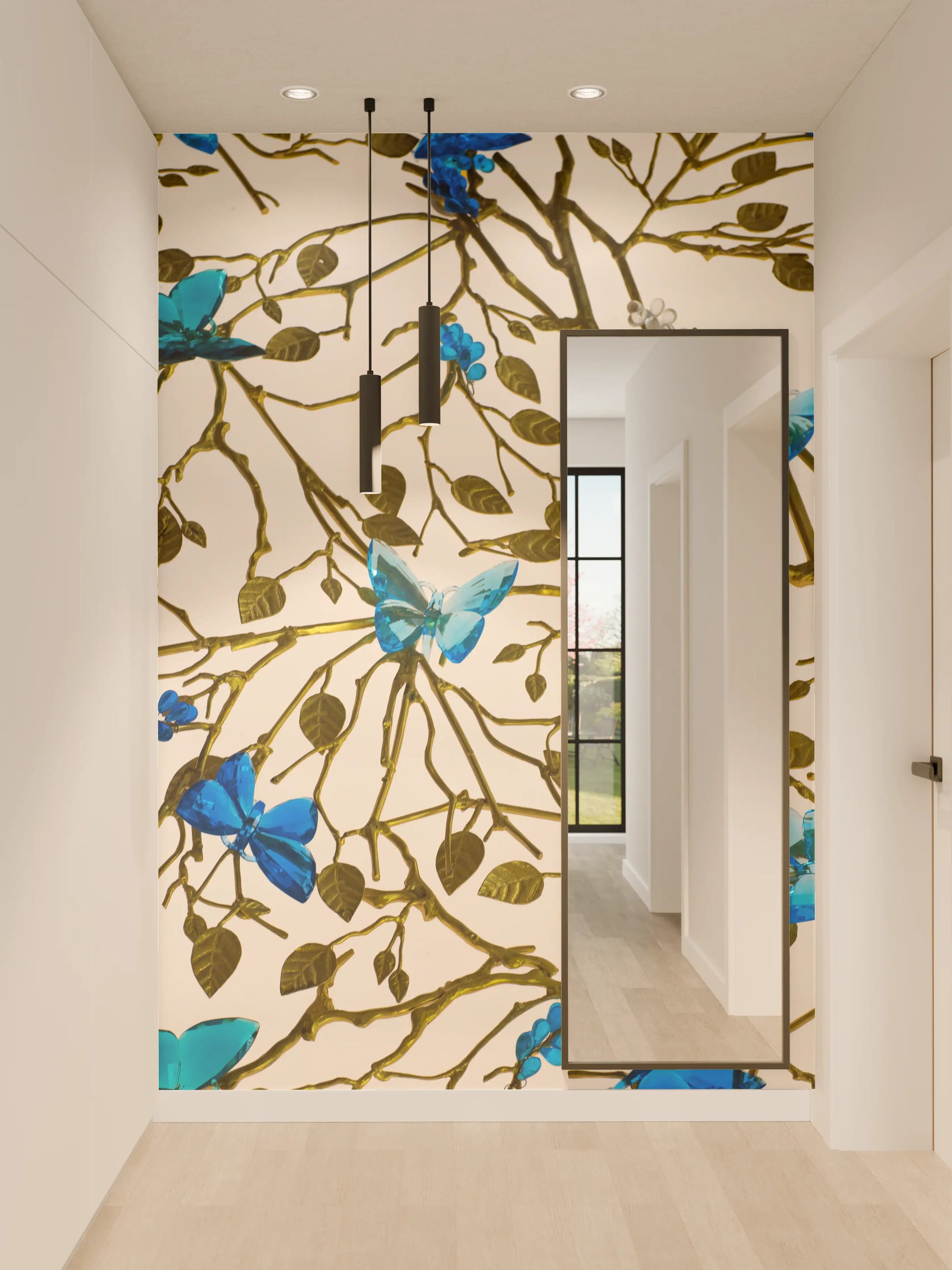 Wandverkleidung Flur - Blaues Schmetterlingsmuster auf cremefarbenem Hintergrund