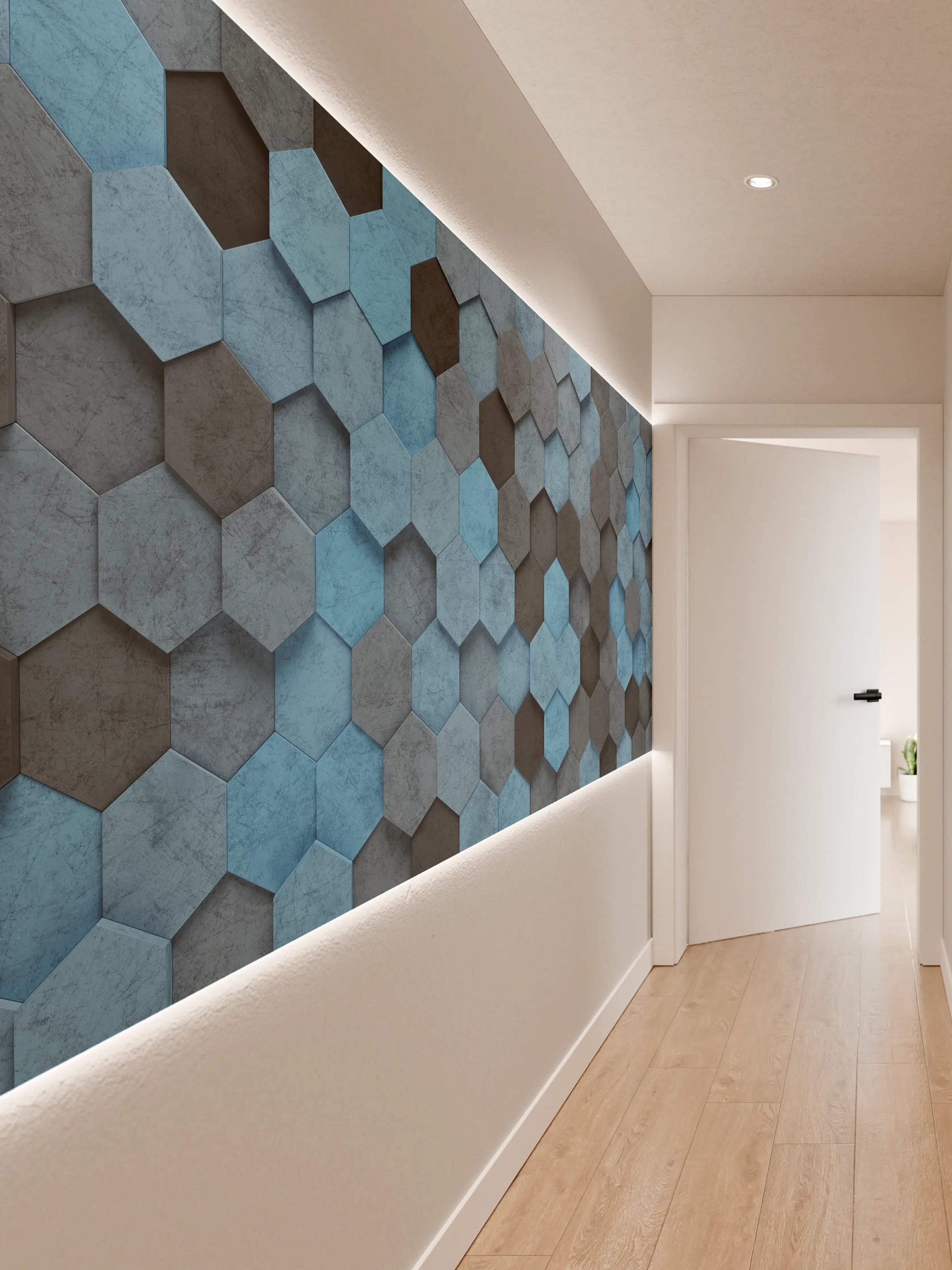 Wandverkleidung Flur - Blaues Sechseck 3D Muster