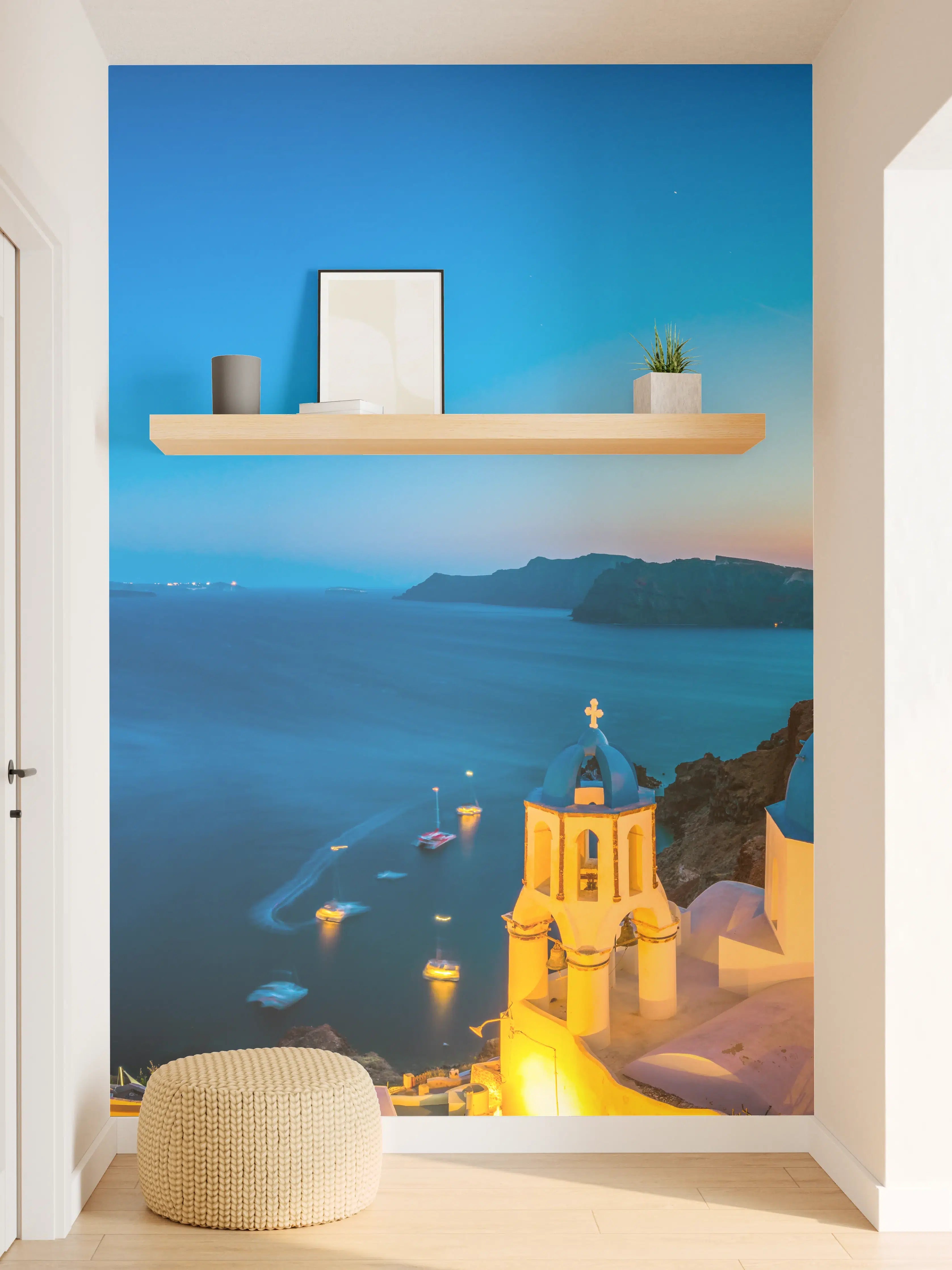 Wandverkleidung Flur - Blick auf die malerische Insel Santorini bei Sonnenuntergang