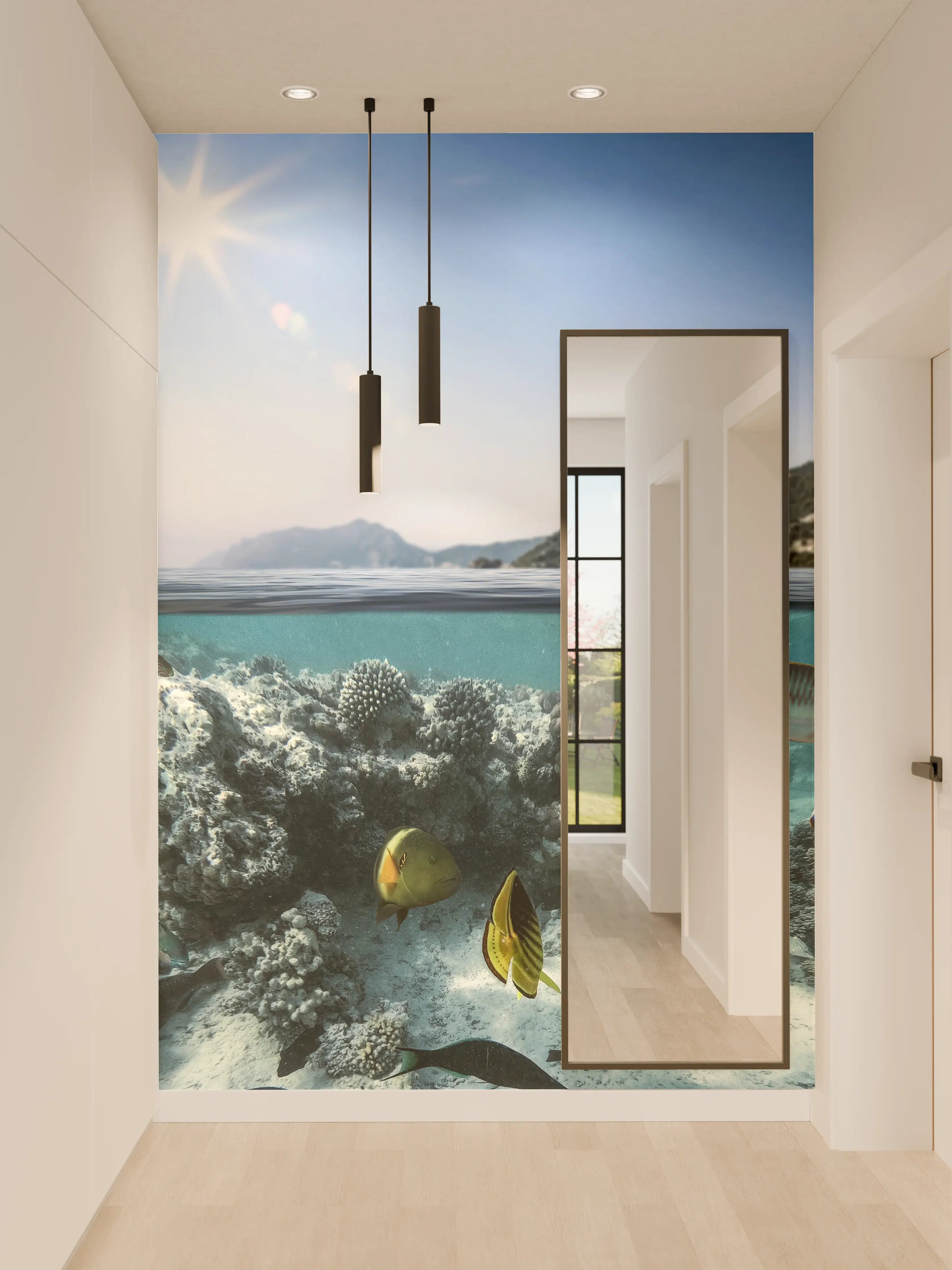 Wandverkleidung Flur - Blick unter Wasser auf bunte Meeresbewohner
