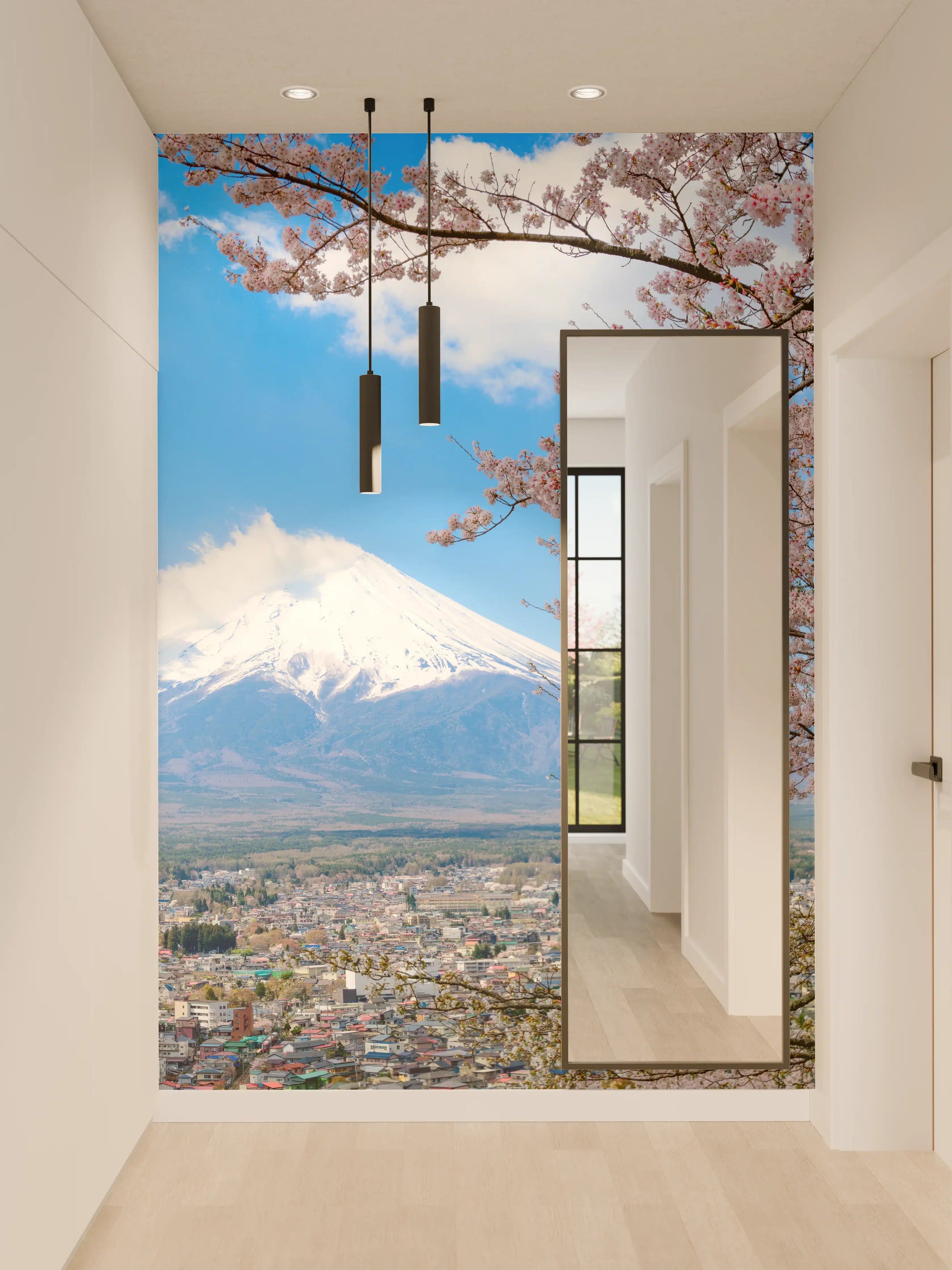 Wandverkleidung Flur - Blühende Kirschbäume vor Fuji