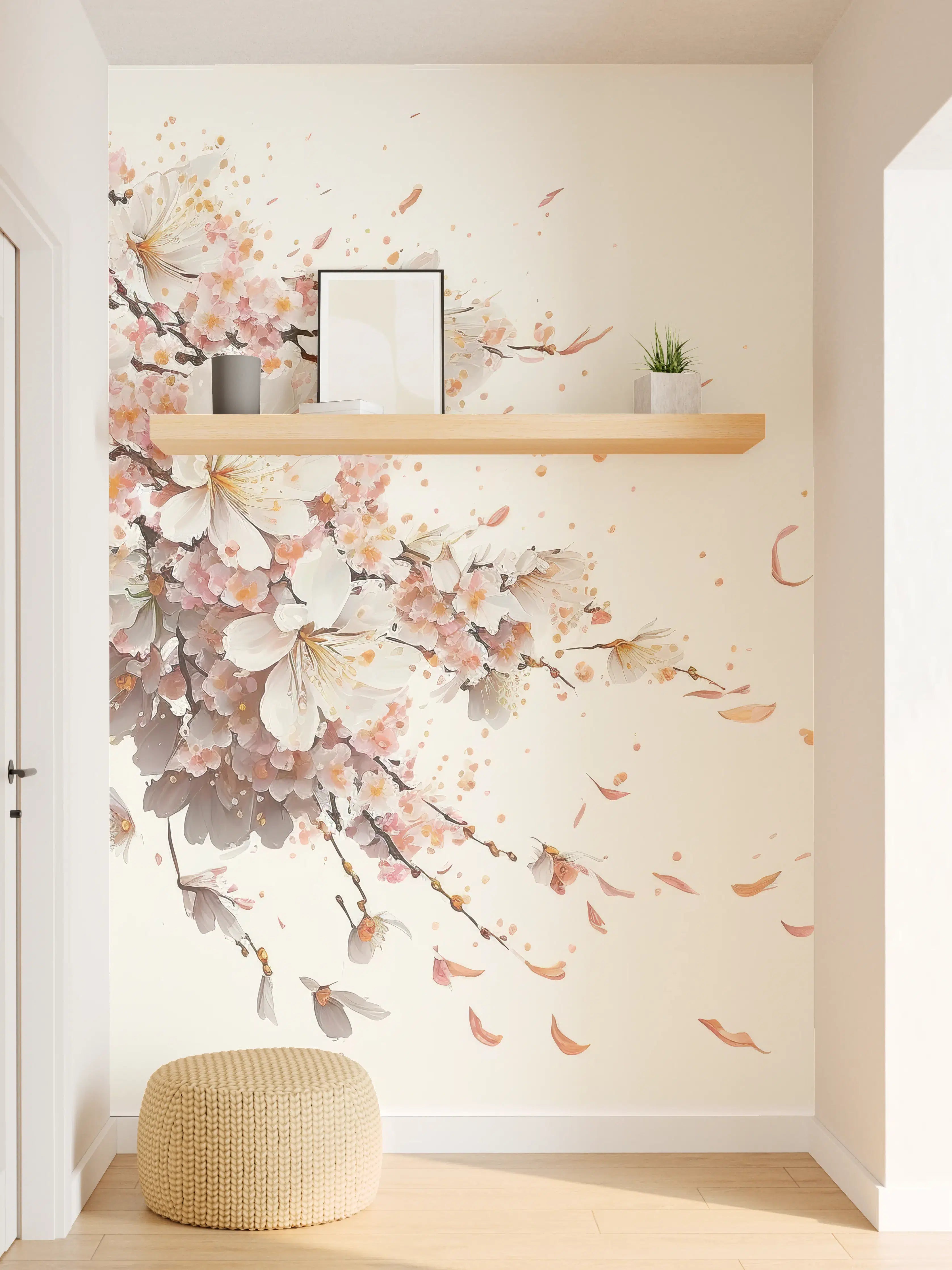 Wandverkleidung Flur - Blühender Kirschzweig in zarten Pastelltönen