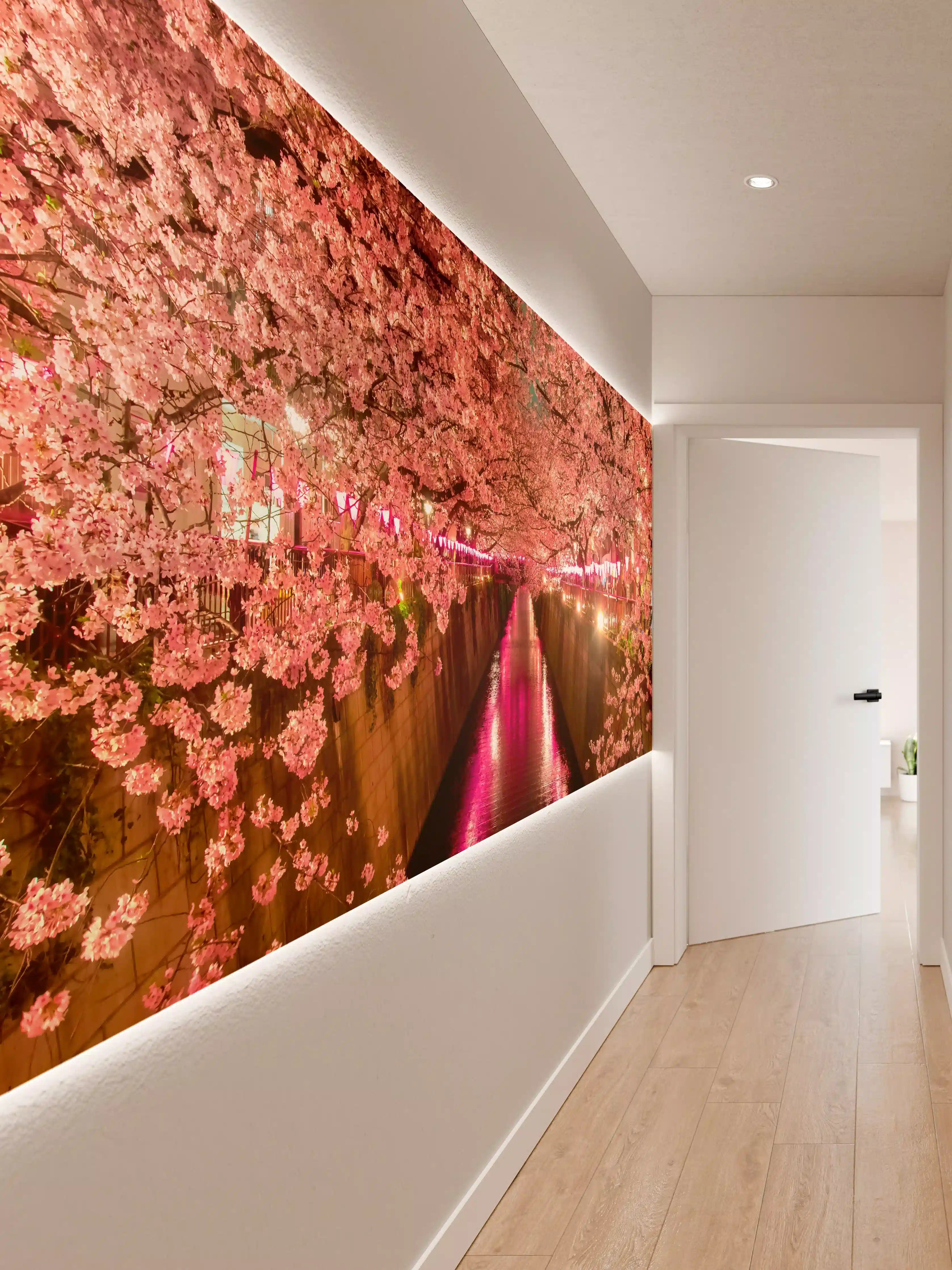 Wandverkleidung Flur - Blühender Sakura-Tunnel bei Nacht