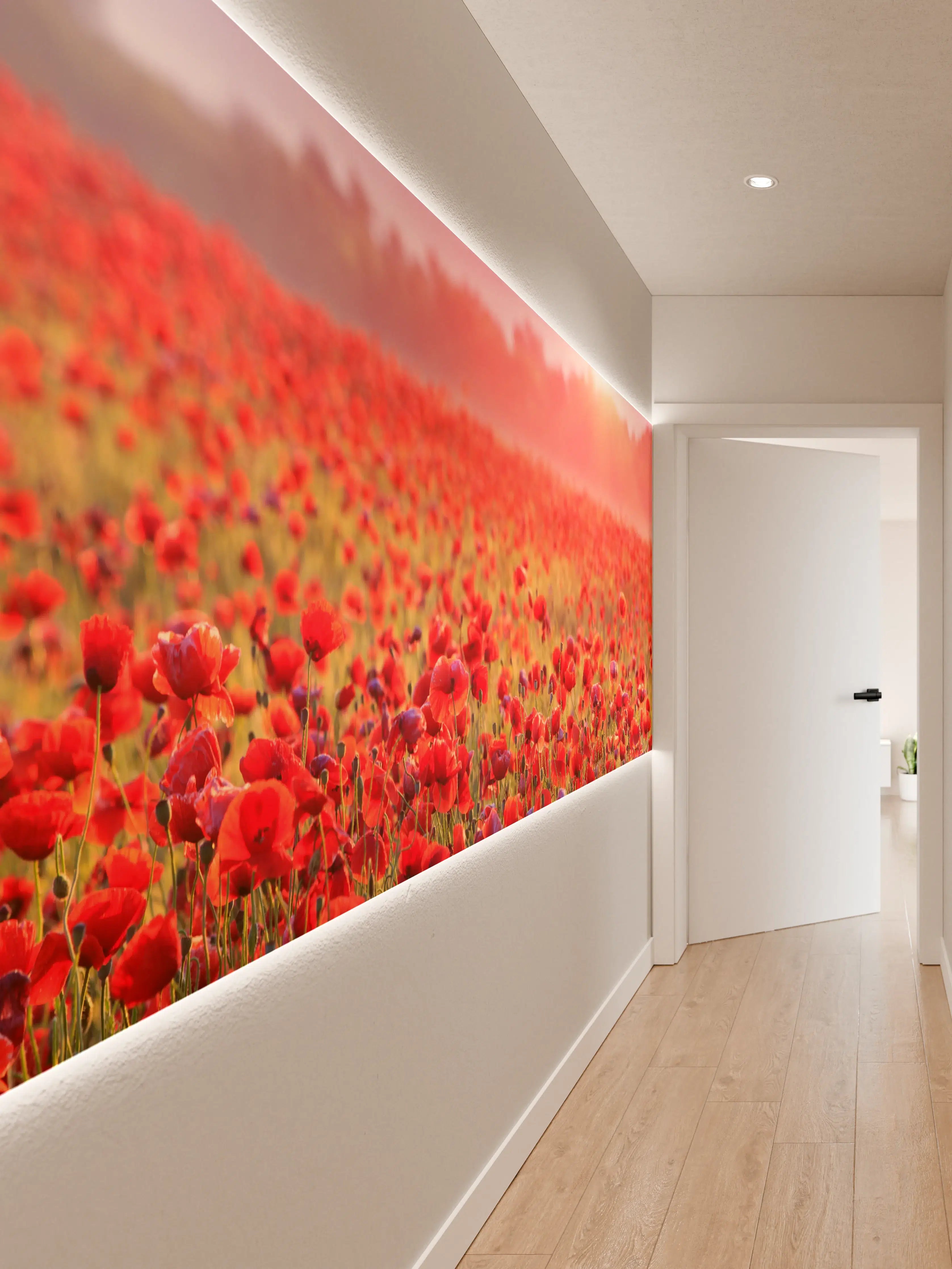 Wandverkleidung Flur - Blühendes Mohnfeld bei Sonnenaufgang