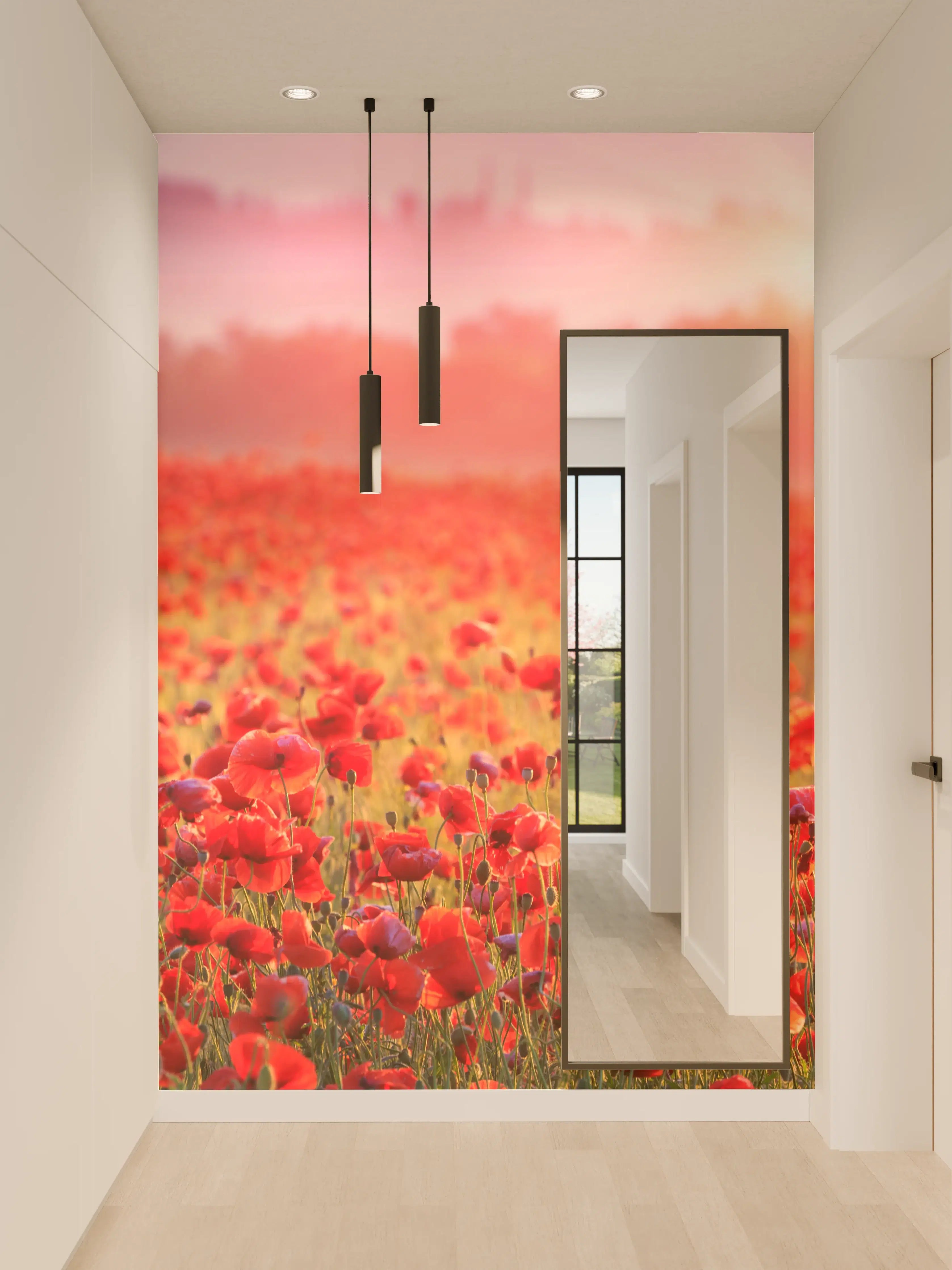Wandverkleidung Flur - Blühendes Mohnfeld bei Sonnenaufgang