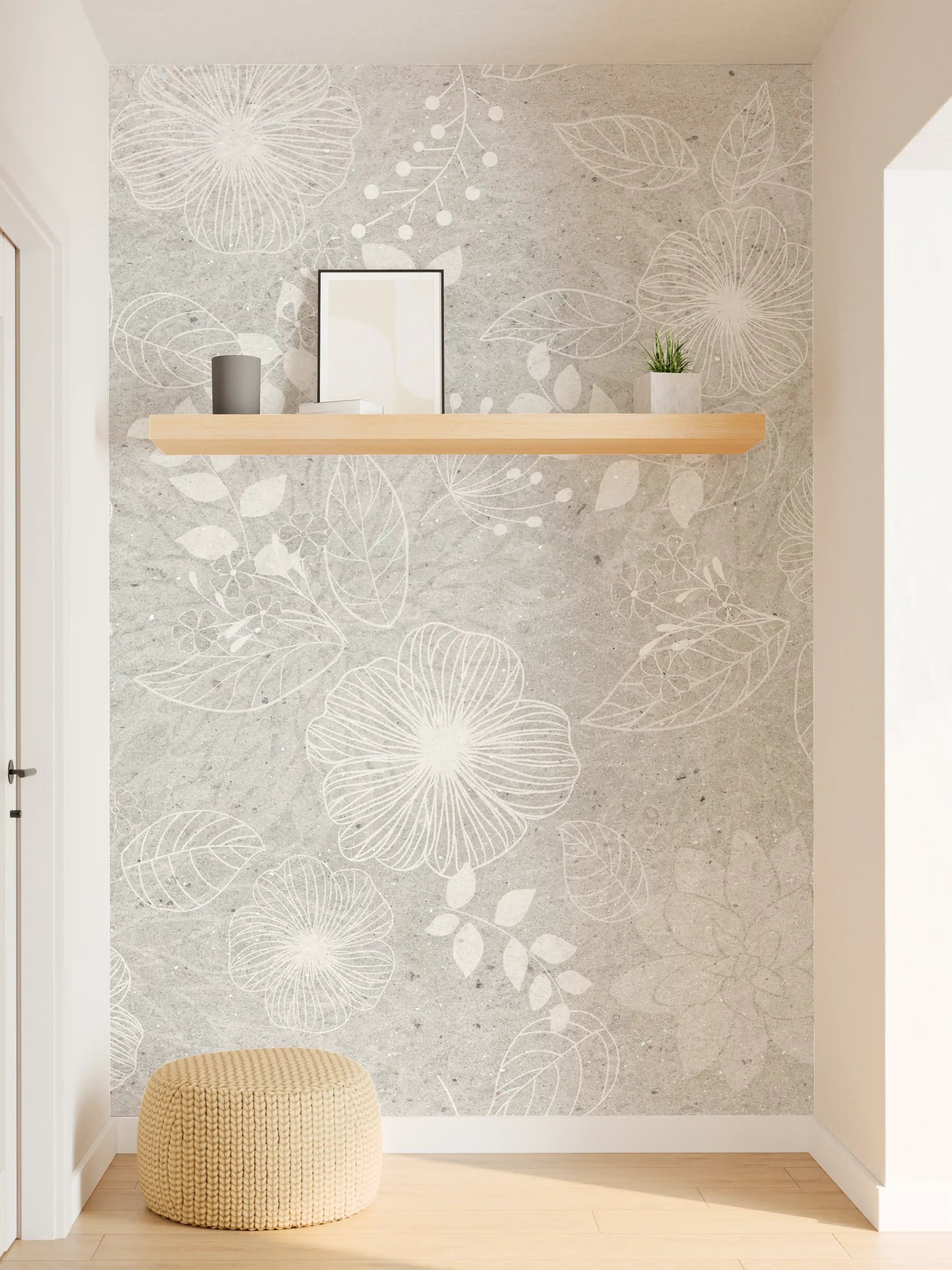 Wandverkleidung Flur - Blumen auf grauem Beton