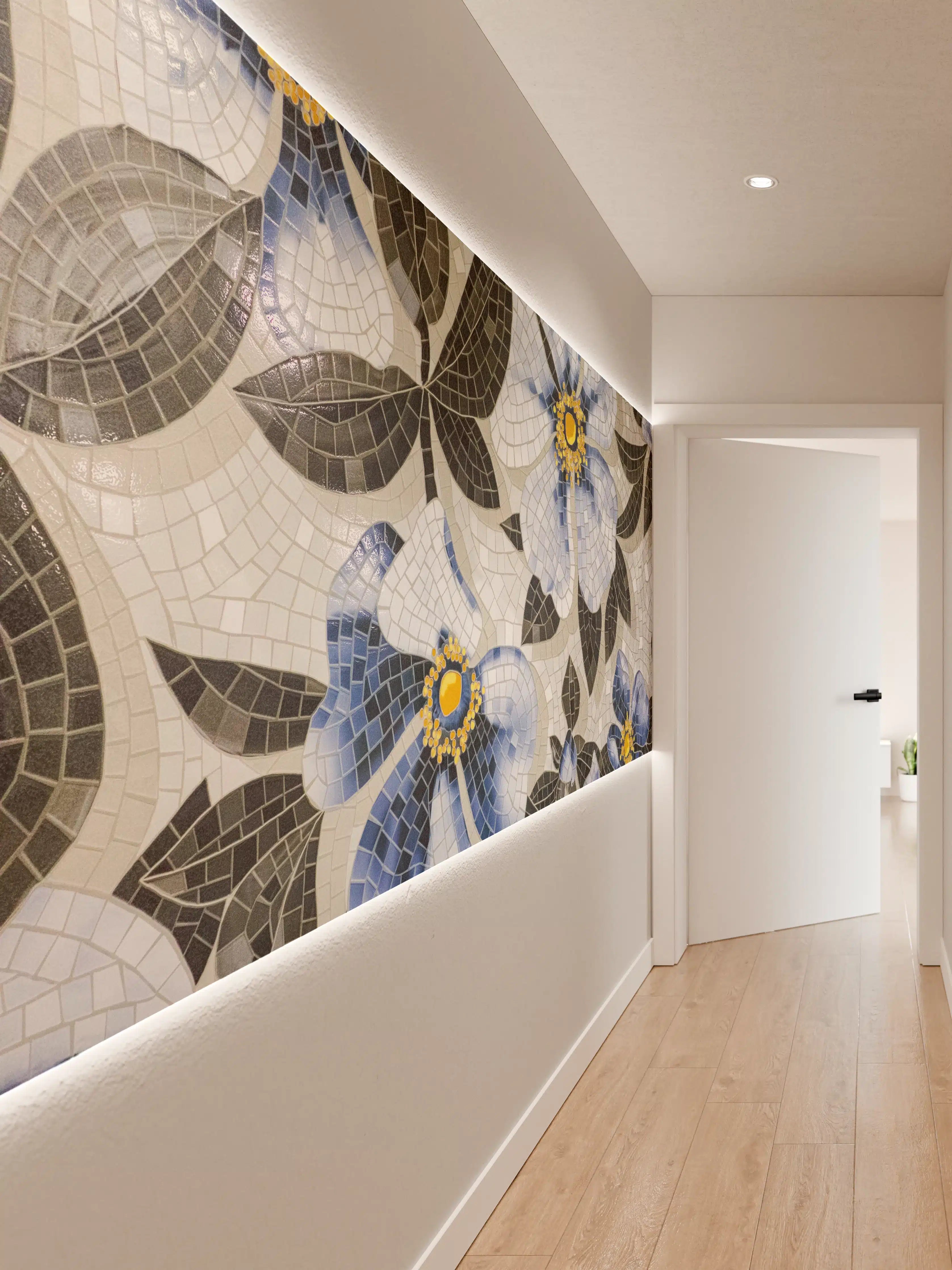 Wandverkleidung Flur - Blumenmosaik in Blautönen