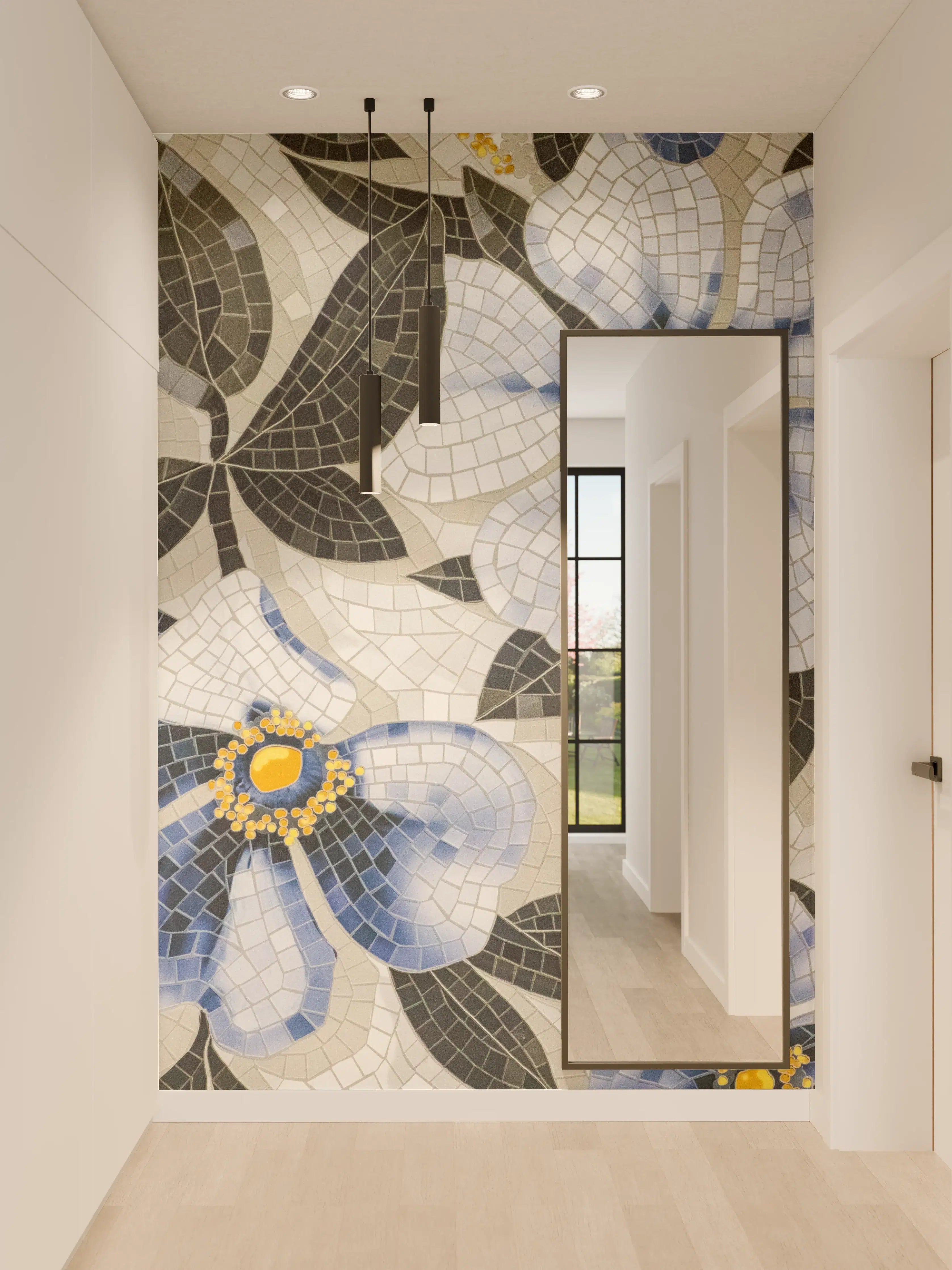 Wandverkleidung Flur - Blumenmosaik in Blautönen