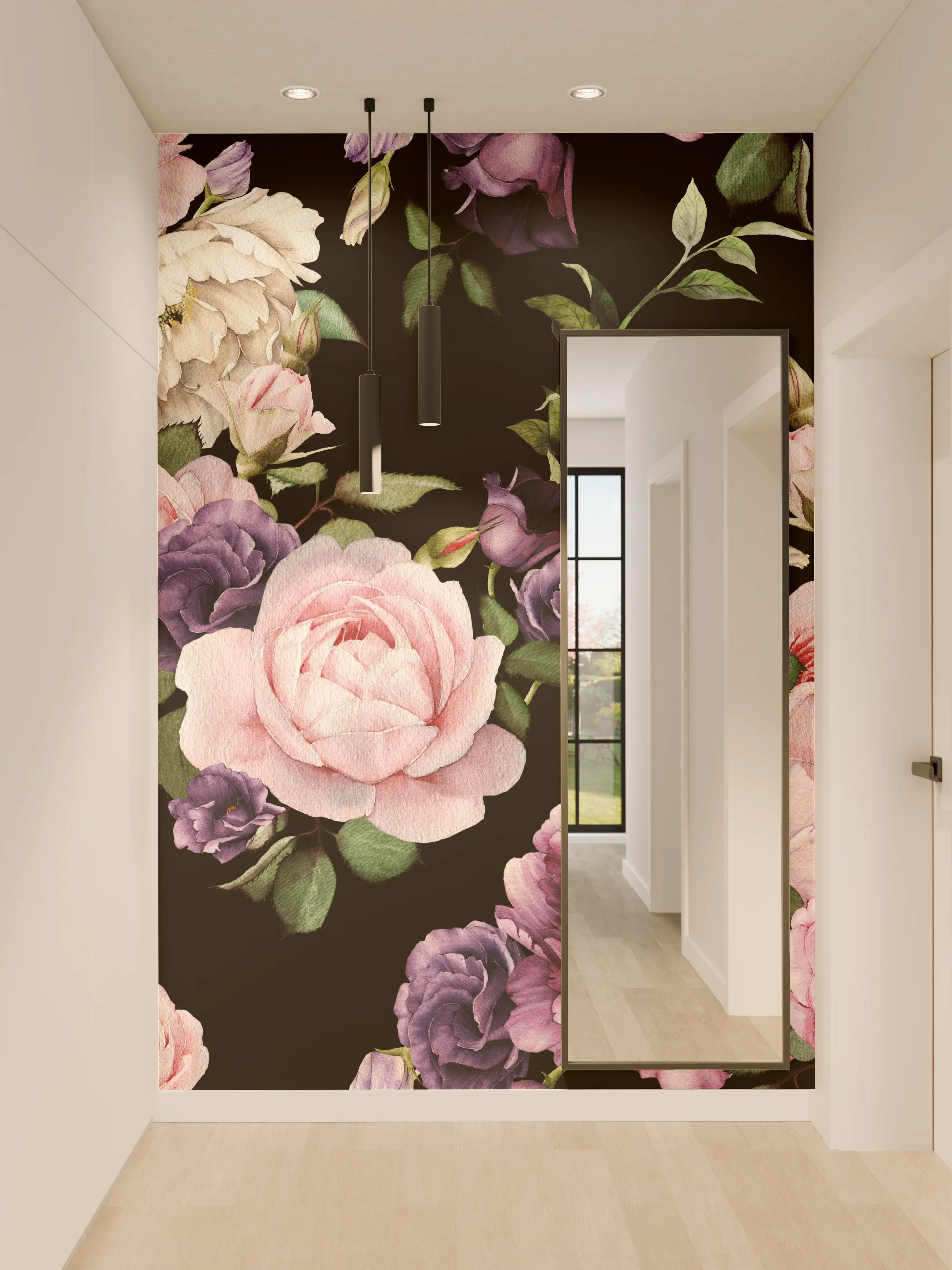 Wandverkleidung Flur - Blumenmotive auf schwarzem Hintergrund