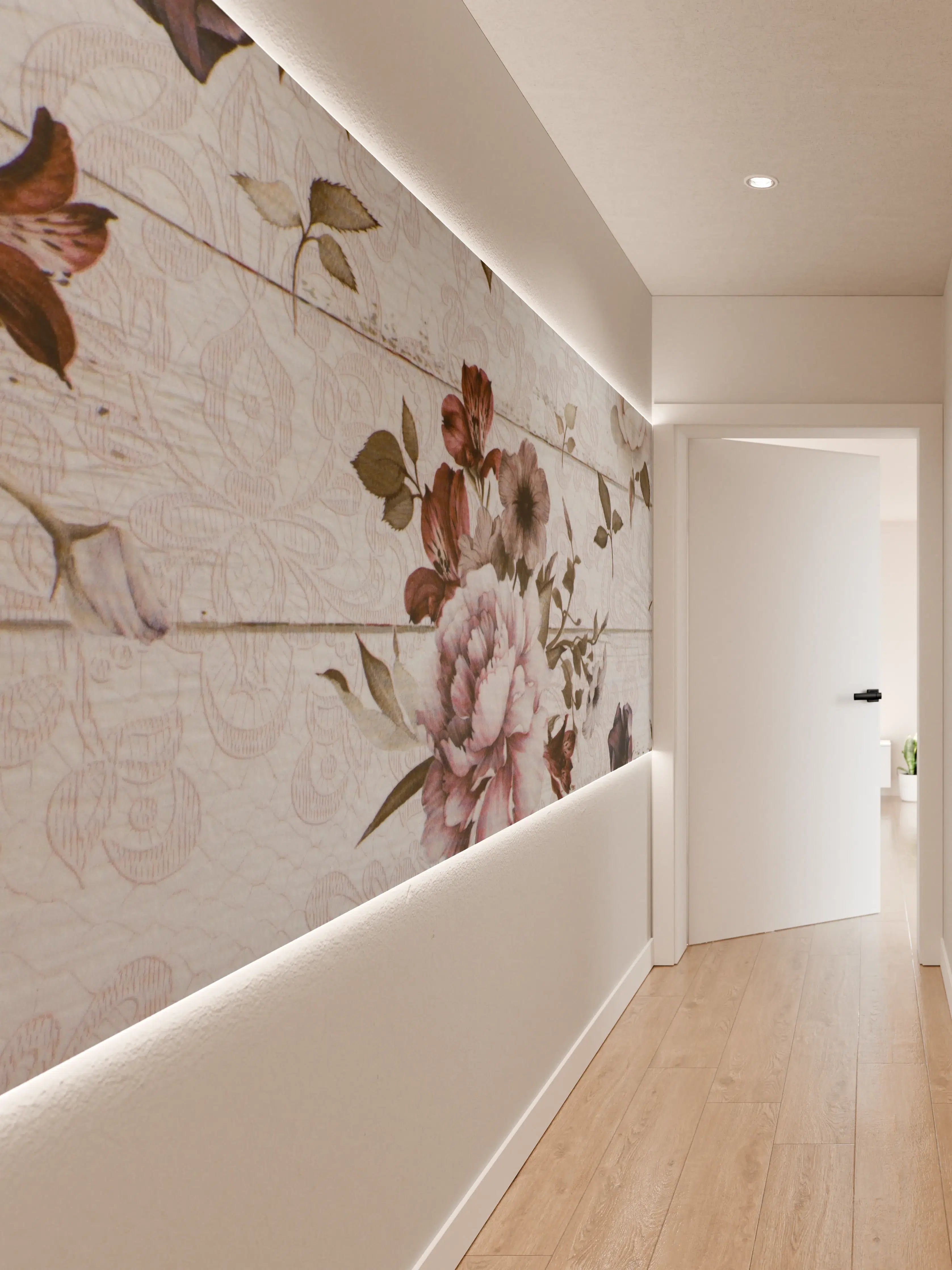 Wandverkleidung Flur - Blumenmuster auf Holzoptik
