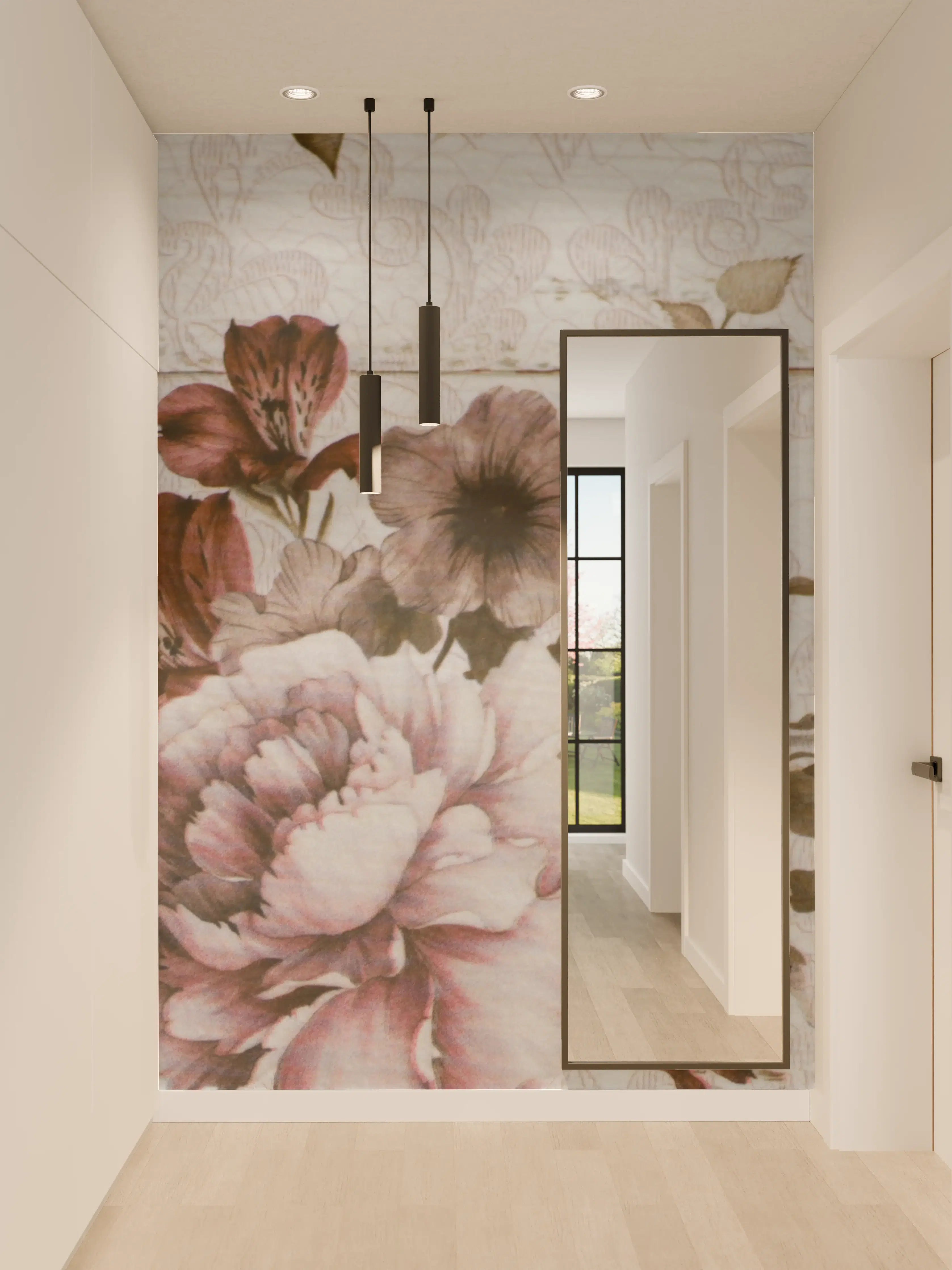 Wandverkleidung Flur - Blumenmuster auf Holzoptik