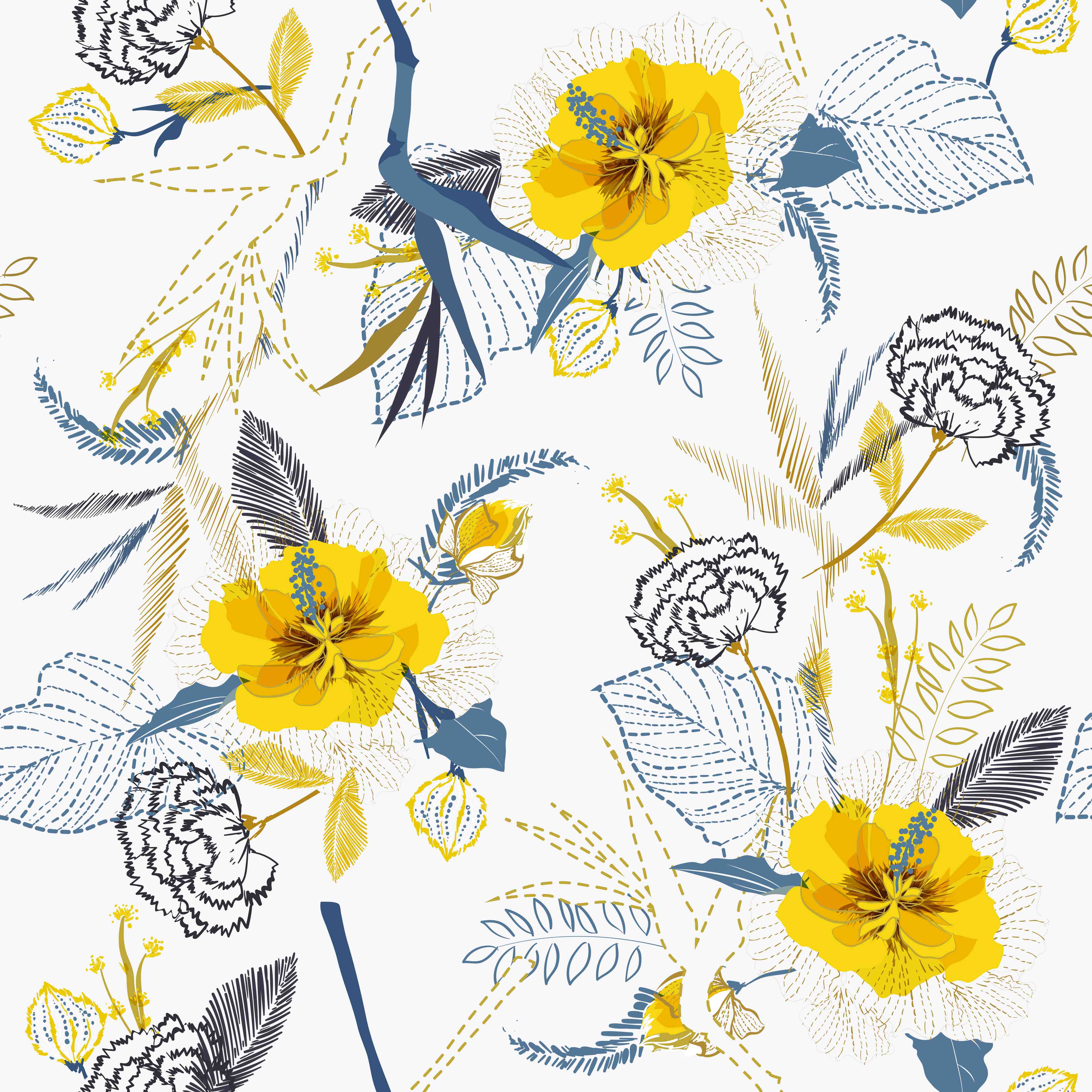 Wandverkleidung Flur-Blumenmuster mit Gelb- und Blautönen