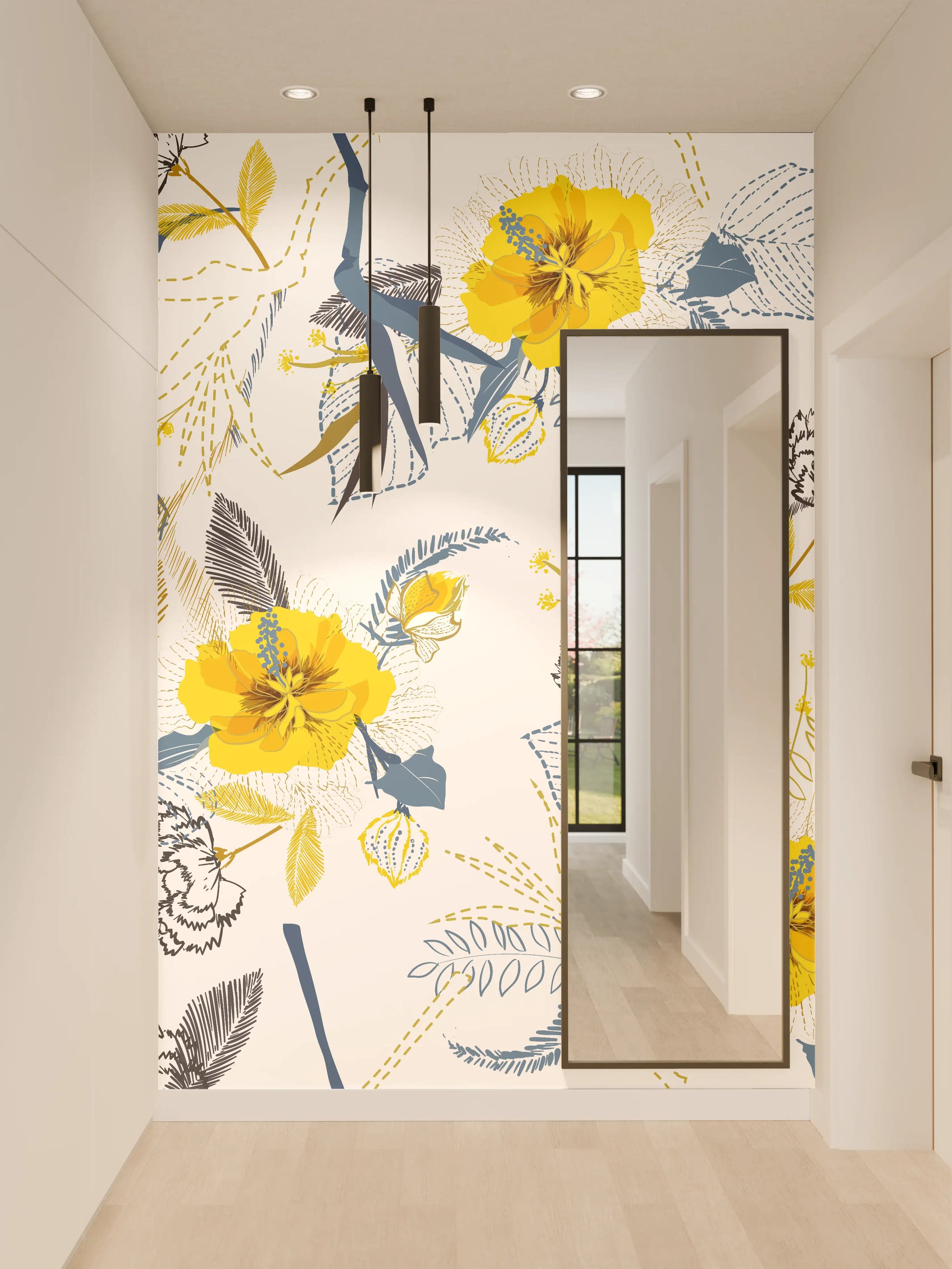 Wandverkleidung Flur - Blumenmuster mit Gelb- und Blautönen