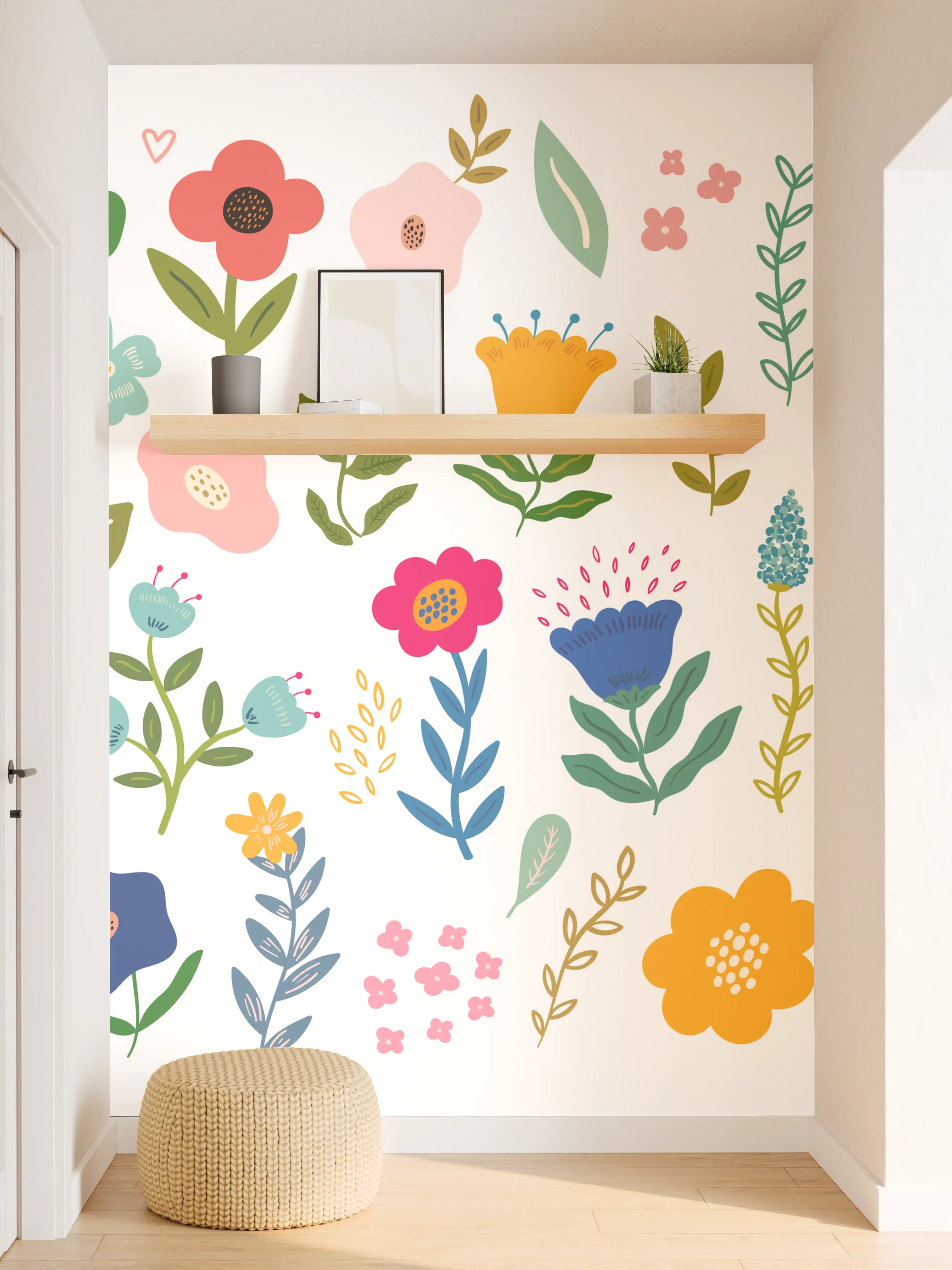 Wandverkleidung Flur - Blumenmuster mit bunten Blumen und Blättern