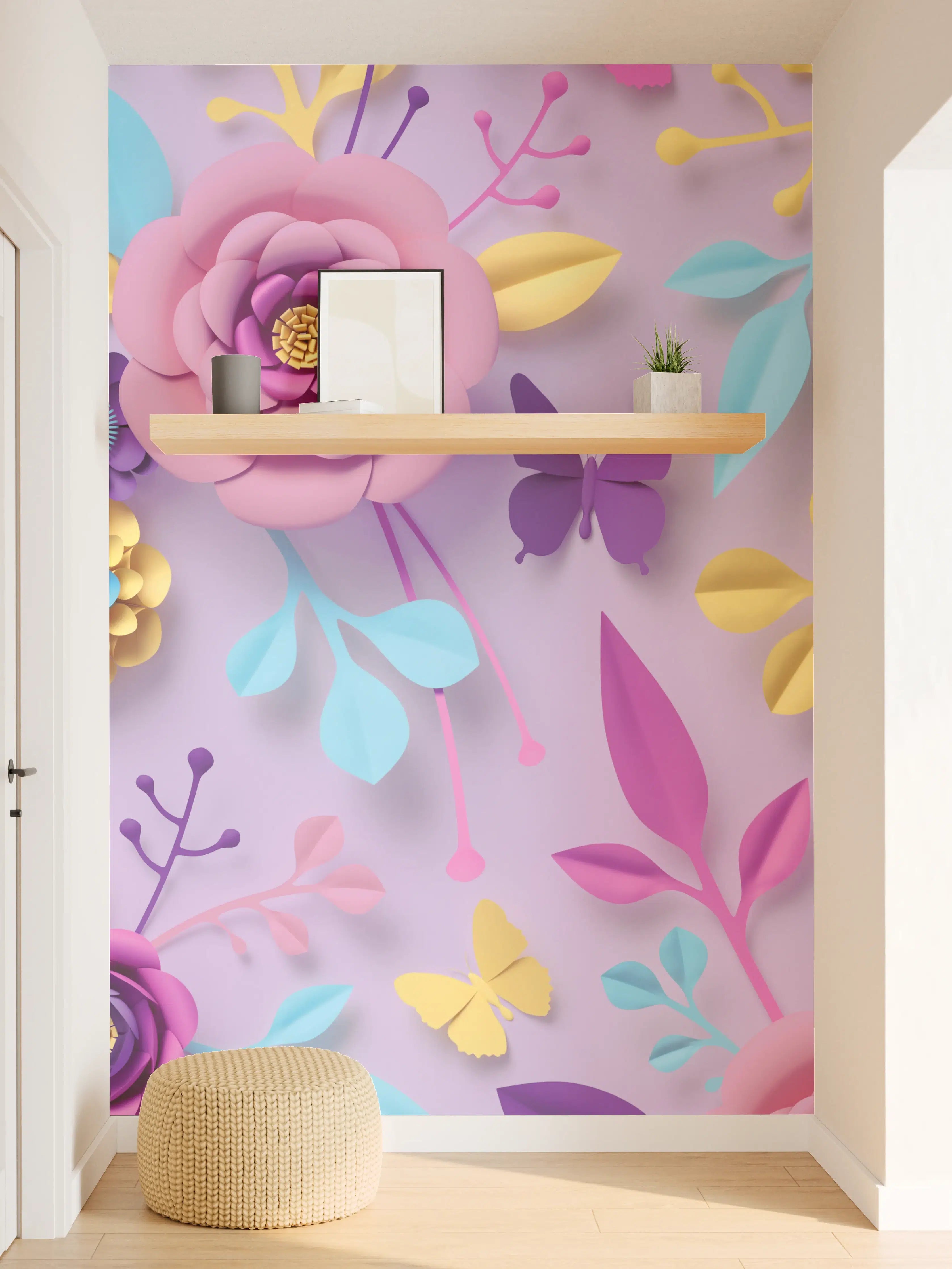 Wandverkleidung Flur - Blumenmuster mit bunten Schmetterlingen