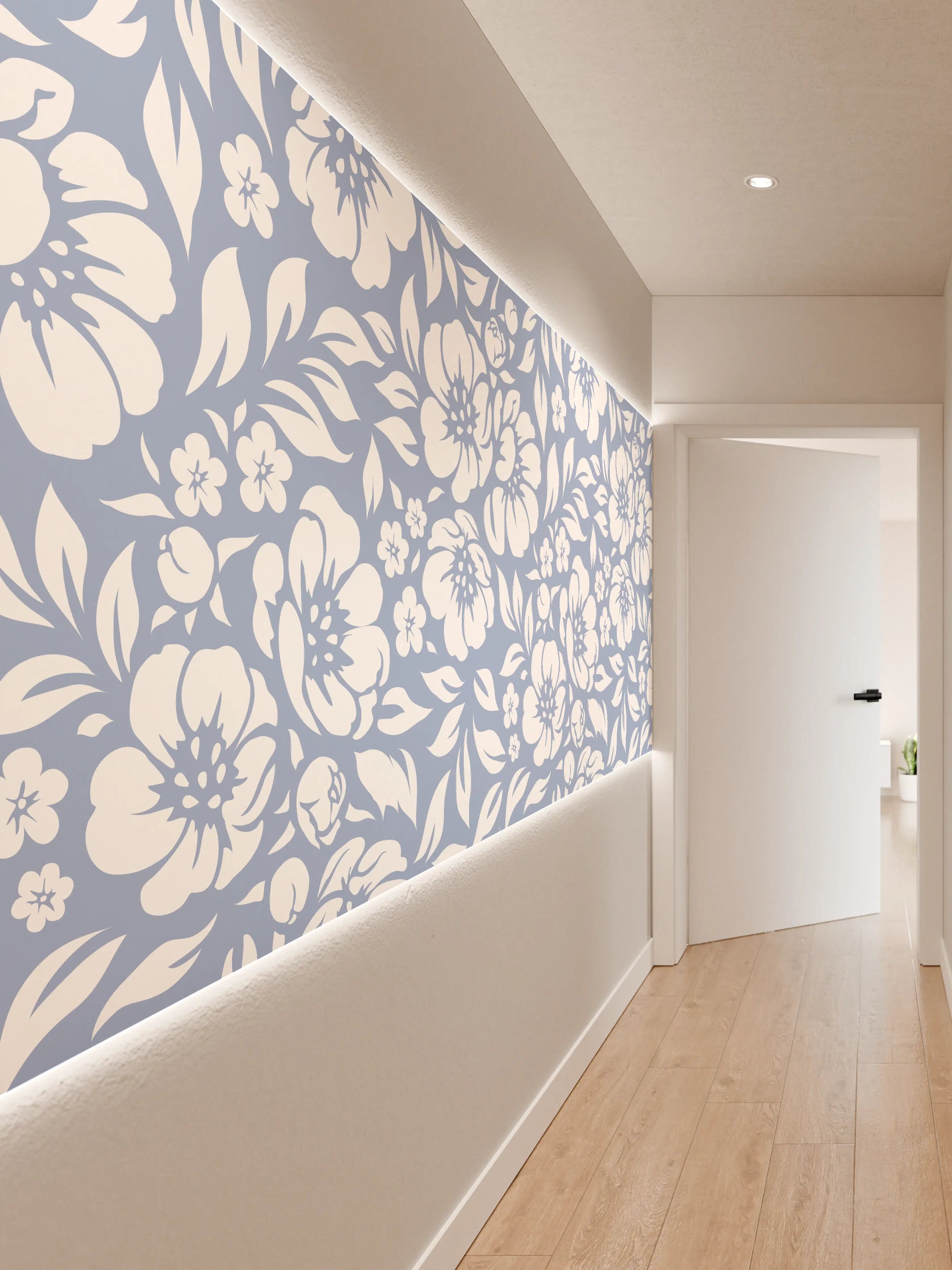 Wandverkleidung Flur - Blumenmuster mit sanften Blau- und Weißtönen