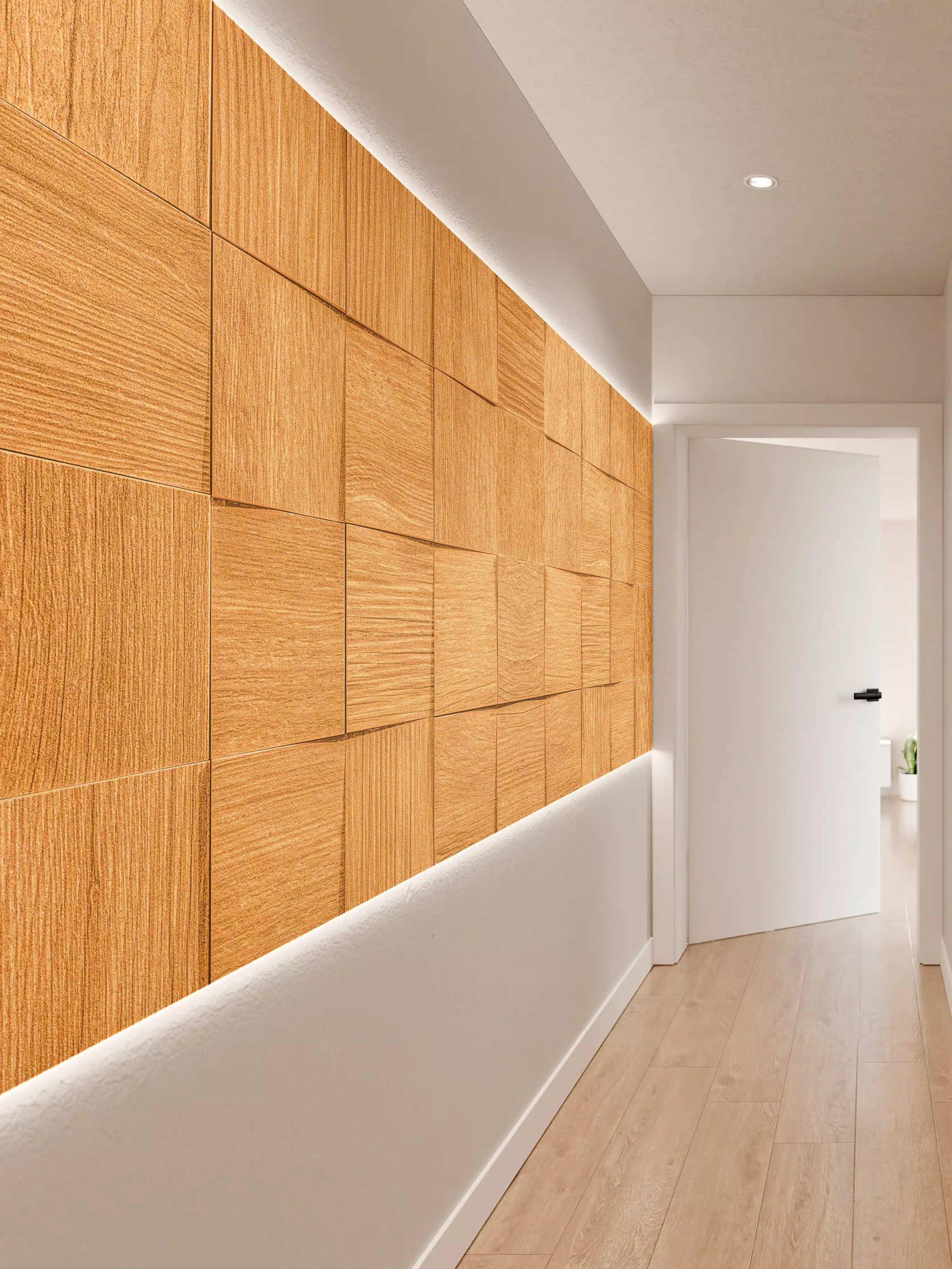 Wandverkleidung Flur - Braune Holzwürfeltextur