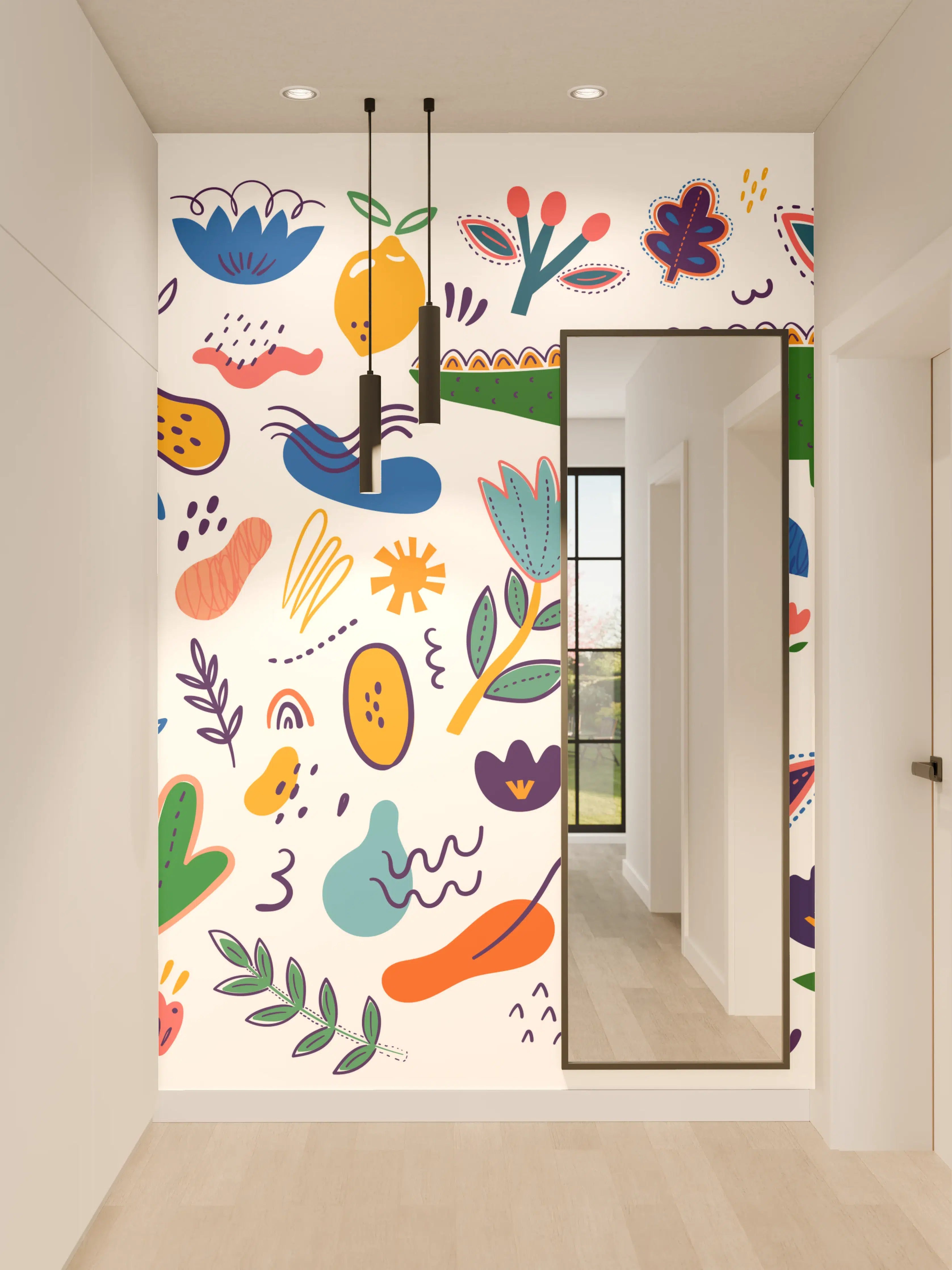 Wandverkleidung Flur - Bunte Blumen und Fantasie-Wesen im Farbenspiel