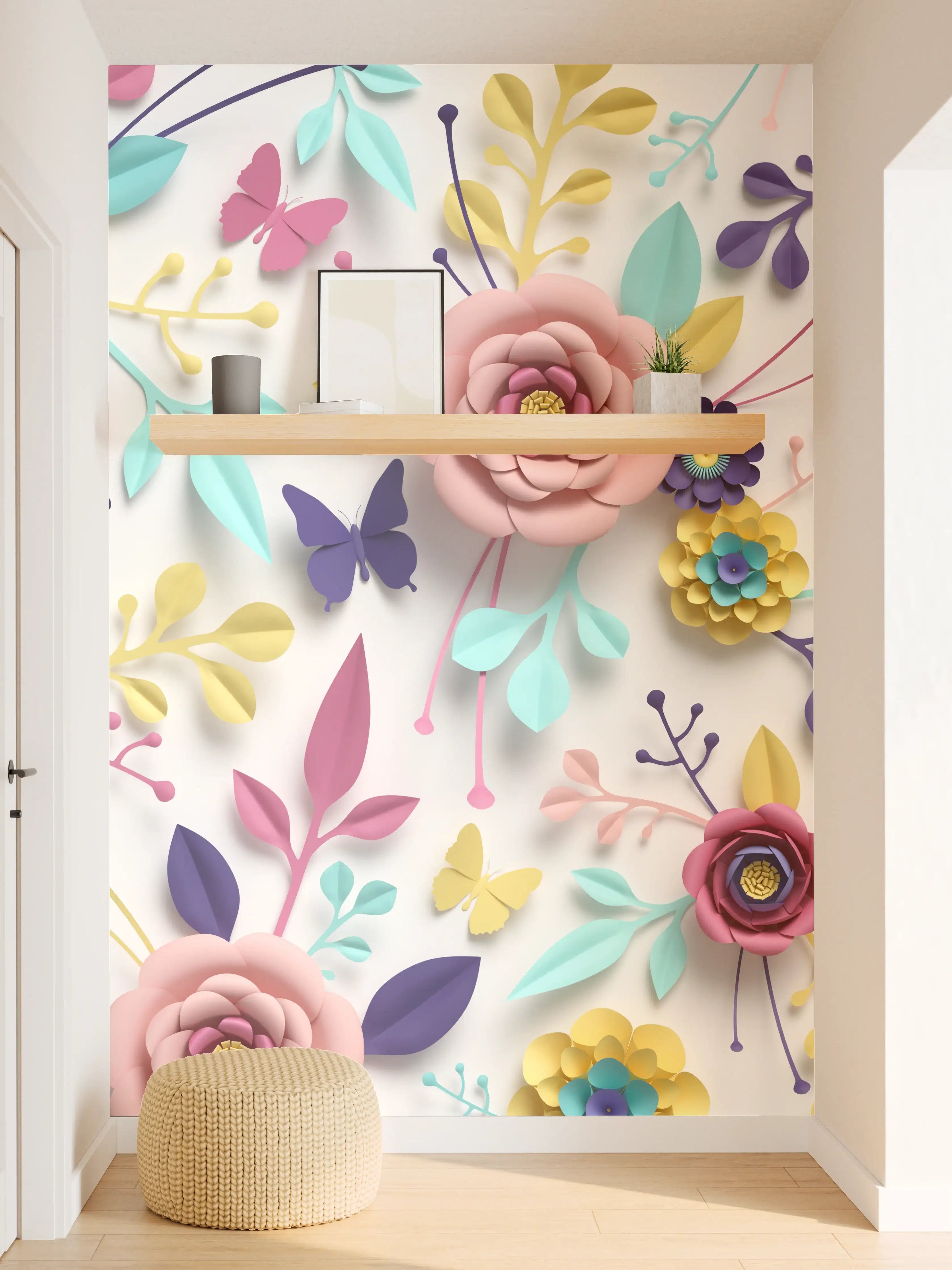 Wandverkleidung Flur - Bunte Blumen und Schmetterlinge - Frühlingshafte Dekoration